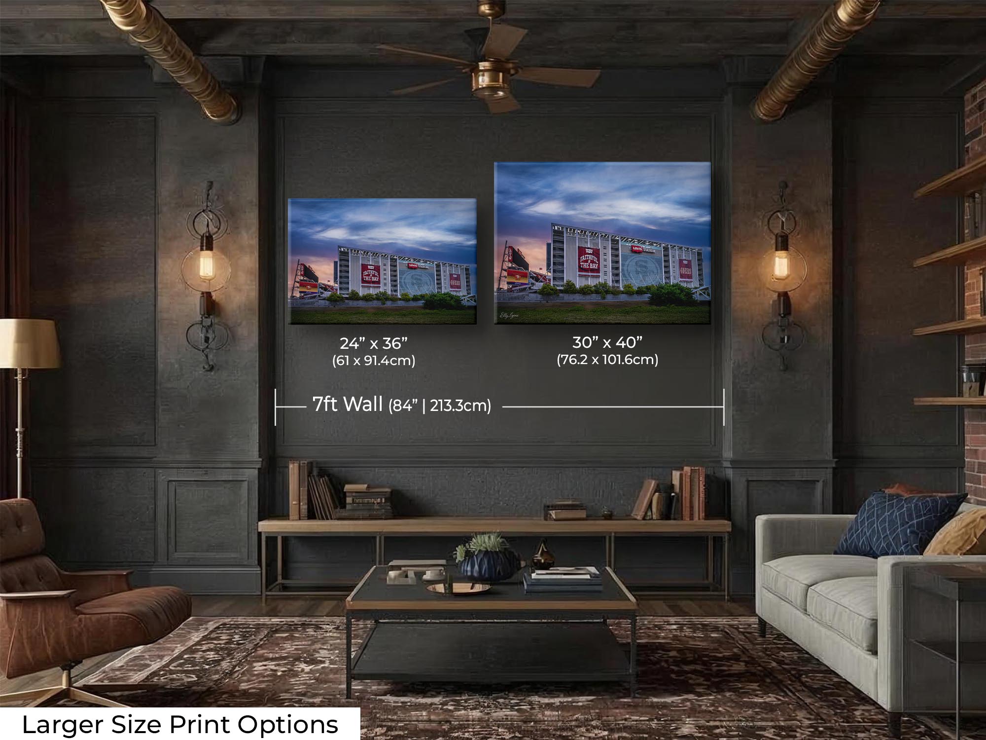 Levi’s Stadium sunrise fine art print wall art size mockup showing 24x36 and 30x40 inch prints above a coffee table along a seven foot wall