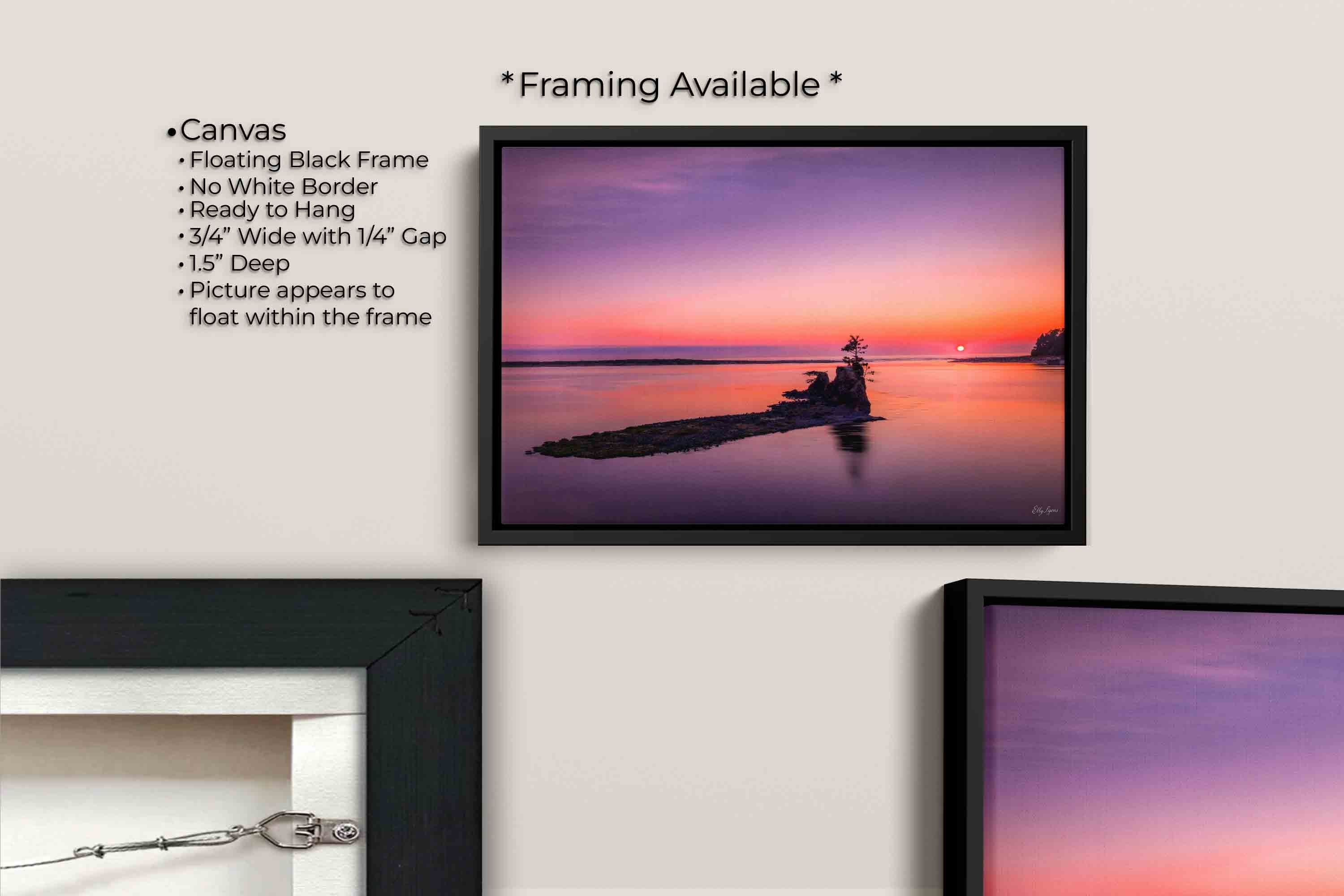 Pacific Northwest coast sunset fine art print canvas wall art in black float frame, canvas framing option details