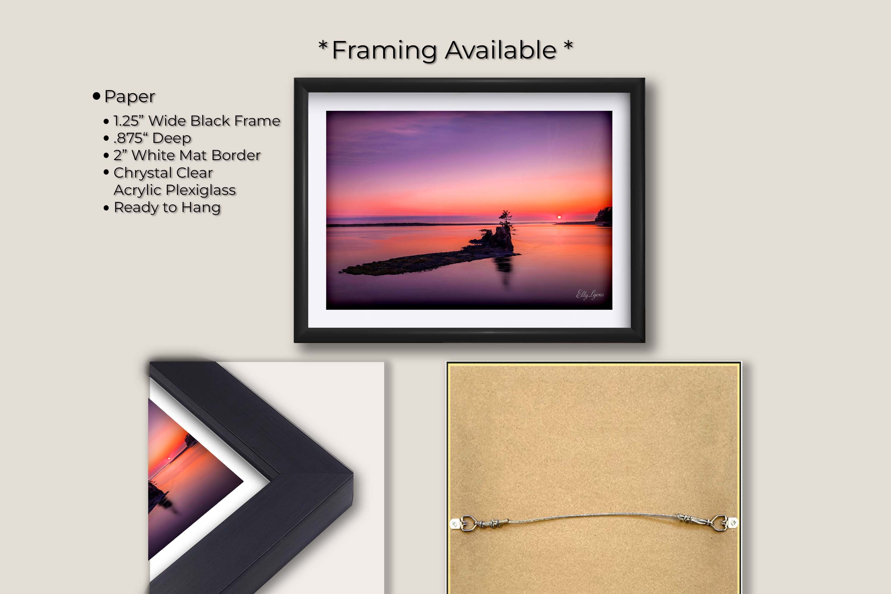 Pacific Northwest coast sunset fine art print in black frame with white mat, paper and framing option details
