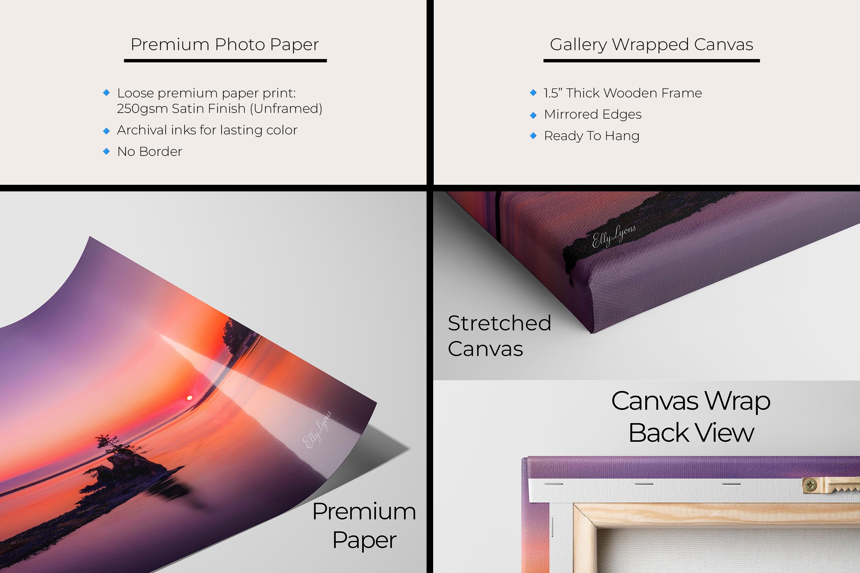 Pacific Northwest coast sunset fine art print artwork materials mockup showing premium photo paper and gallery wrapped canvas close up