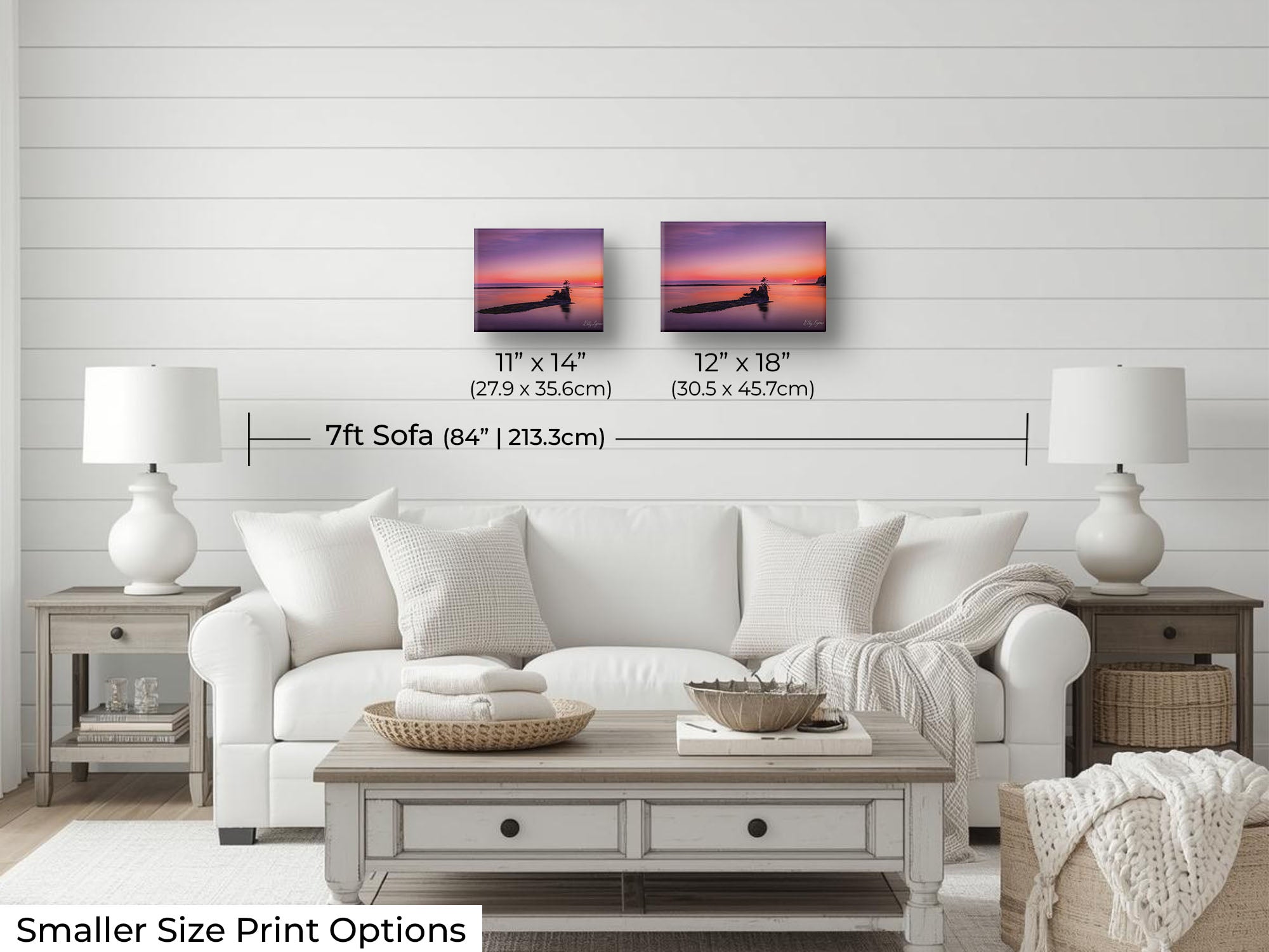 Pacific Northwest coast sunset fine art print wall art size mockup showing 11x14 and 12x18 inch prints above a seven foot sofa 