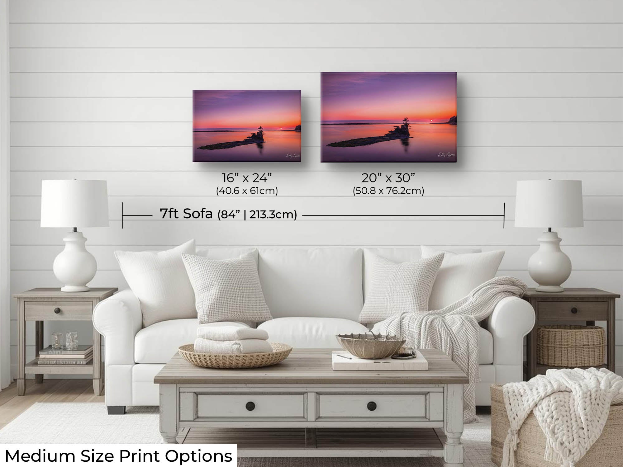 Pacific Northwest coast sunset fine art print wall art size mockup showing 16x24 and 20x30 inch prints above a seven foot sofa 