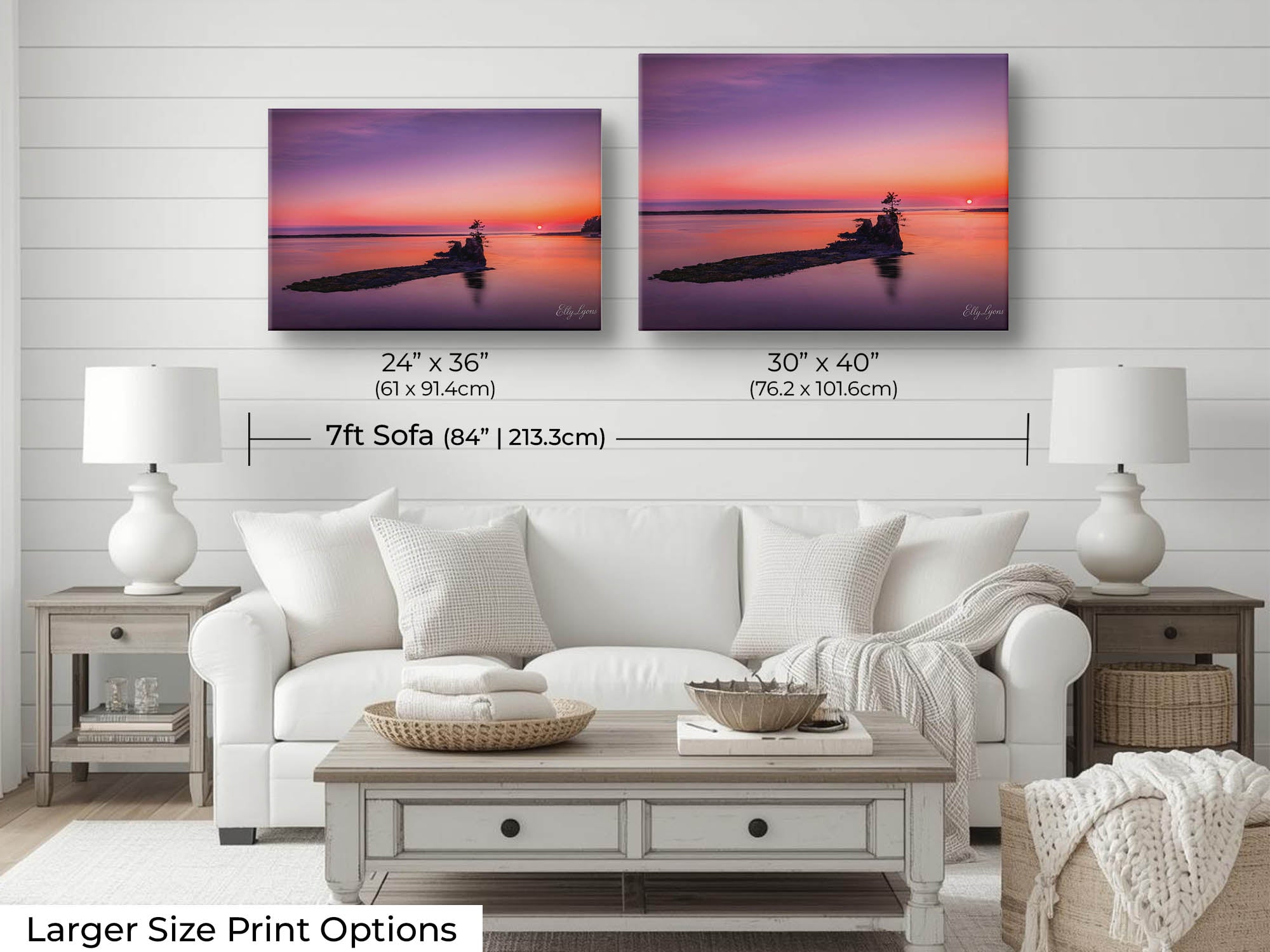 Pacific Northwest coast sunset fine art print wall art size mockup showing 24x36 and 30x40 inch prints above a seven foot sofa 