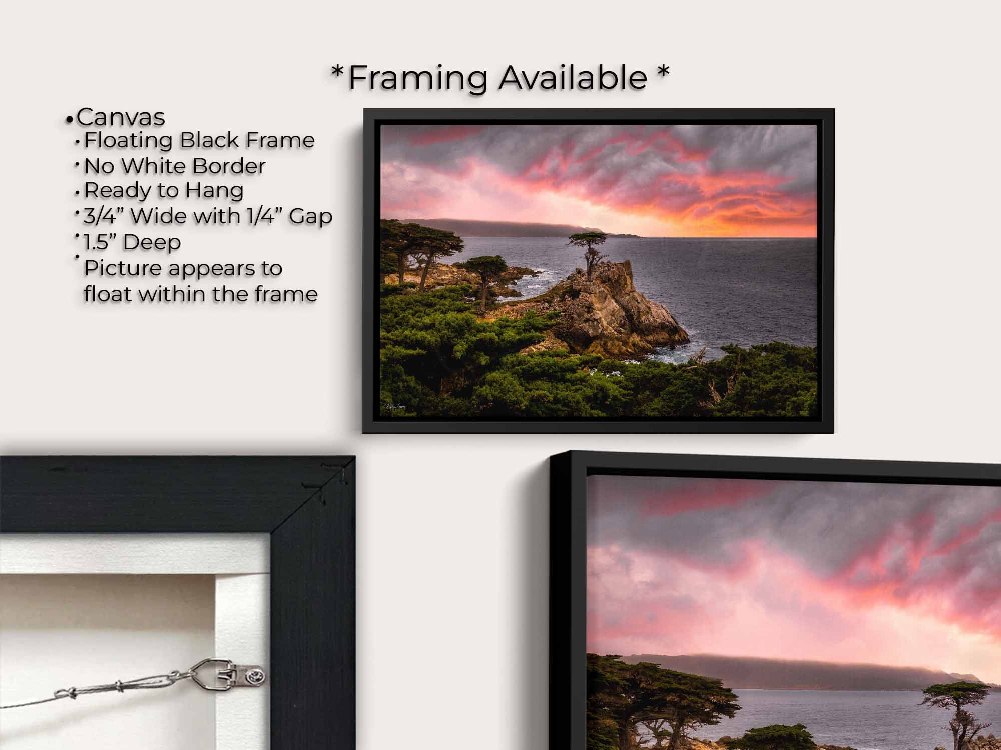 Lone Cypress sunset at Carmel by the Sea in California fine art print canvas wall art in black float frame, canvas framing option details