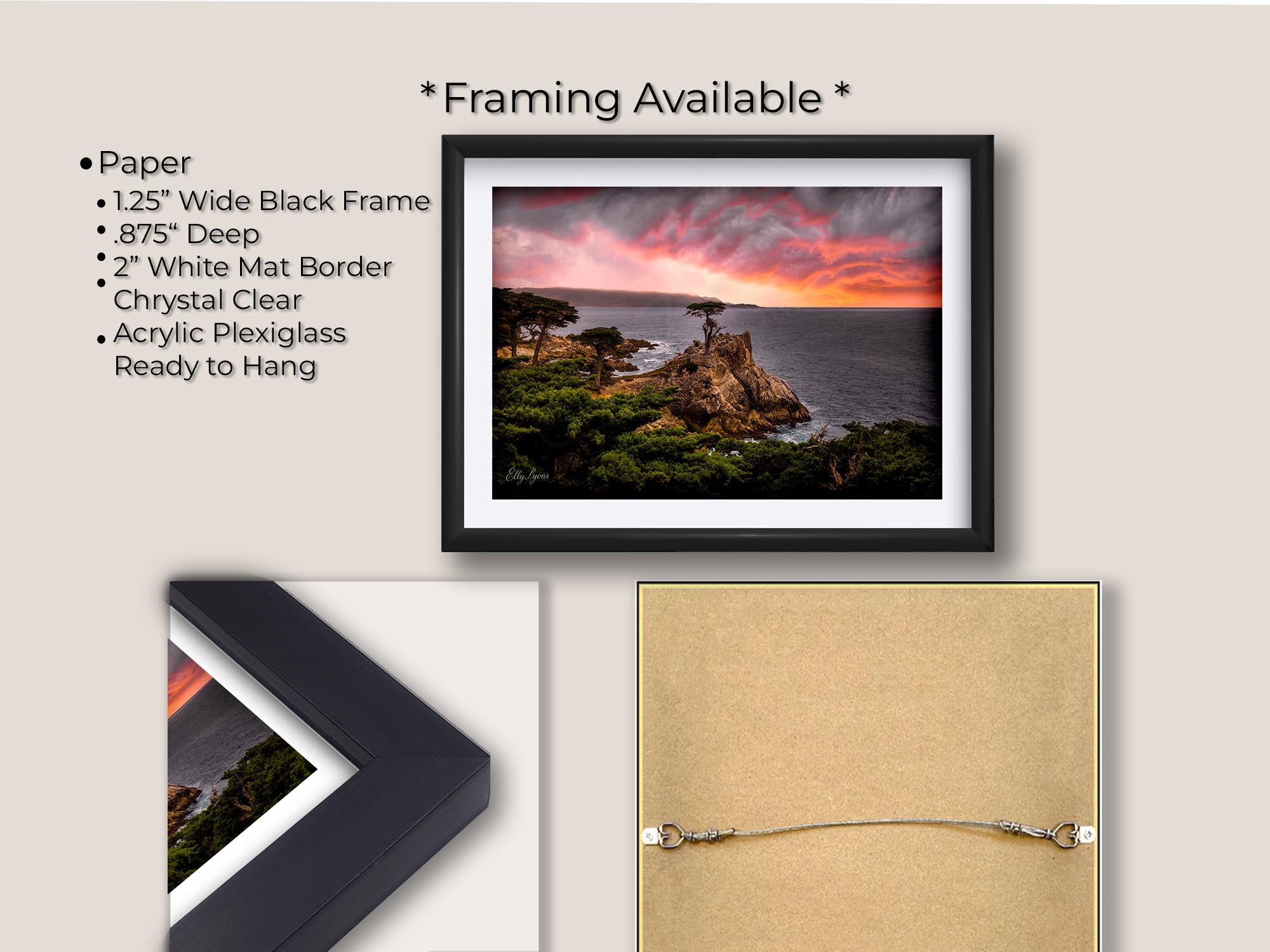 Lone Cypress sunset at Carmel by the Sea in California fine art print in black frame with white mat, paper and framing option details