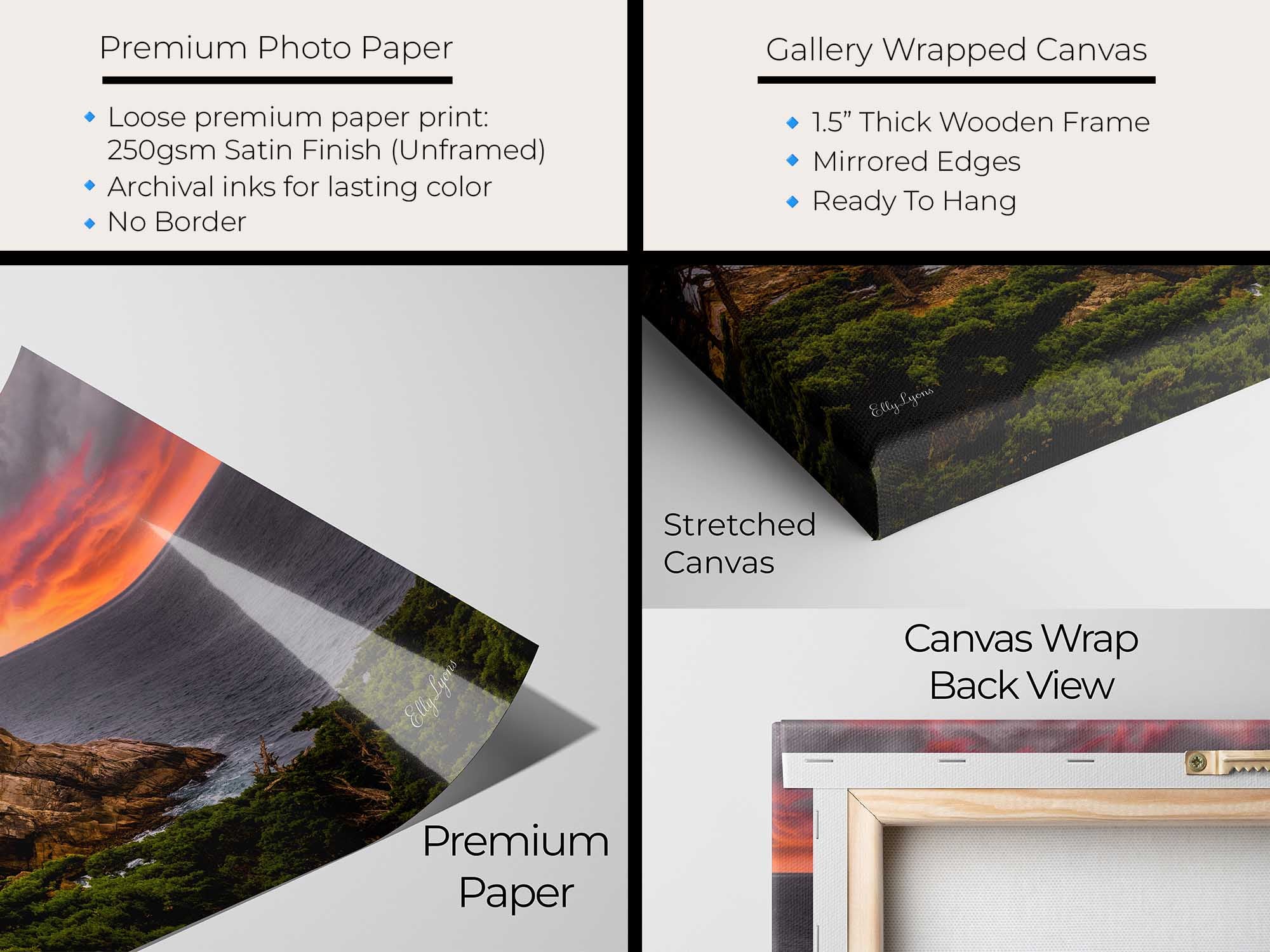 Lone Cypress sunset at Carmel by the Sea in California fine art print artwork materials mockup showing premium photo paper and gallery wrapped canvas close up