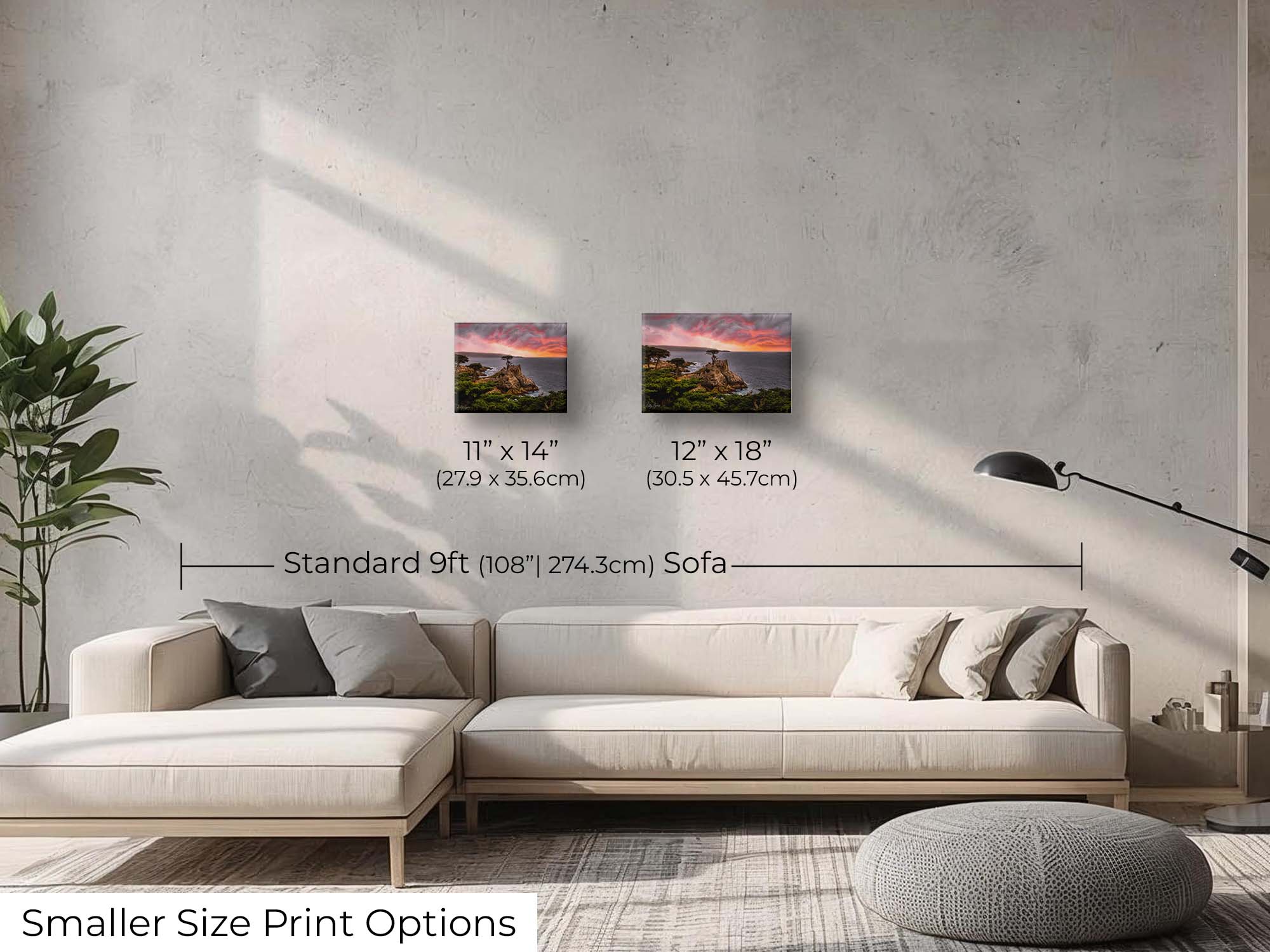Lone Cypress sunset at Carmel by the Sea in California fine art print wall art size mockup showing 11x14 and 12x18 inch prints above a nine foot sofa