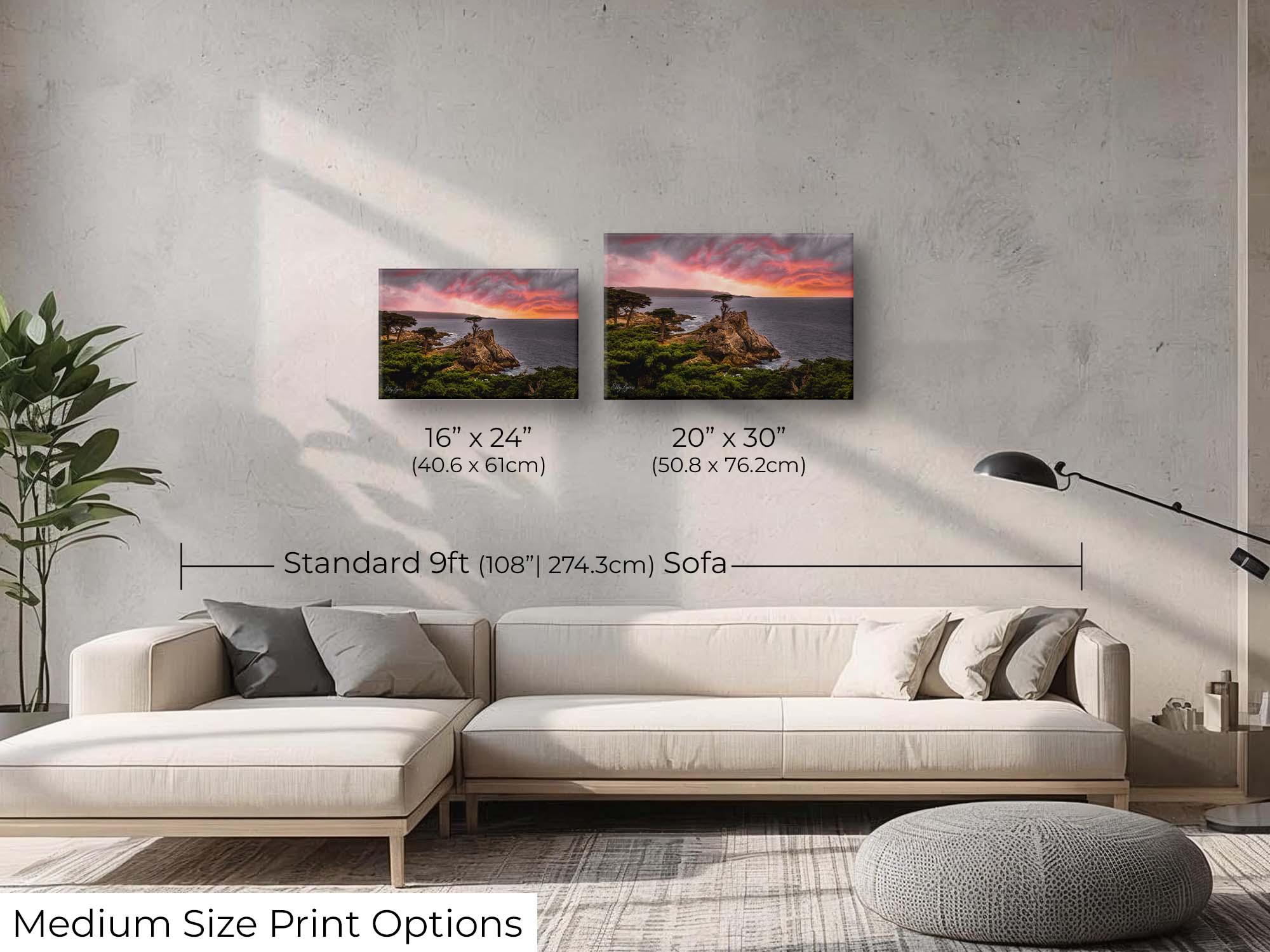 Lone Cypress sunset at Carmel by the Sea in California fine art print wall art size mockup showing 16x24 and 20x30 inch prints above a nine foot sofa 