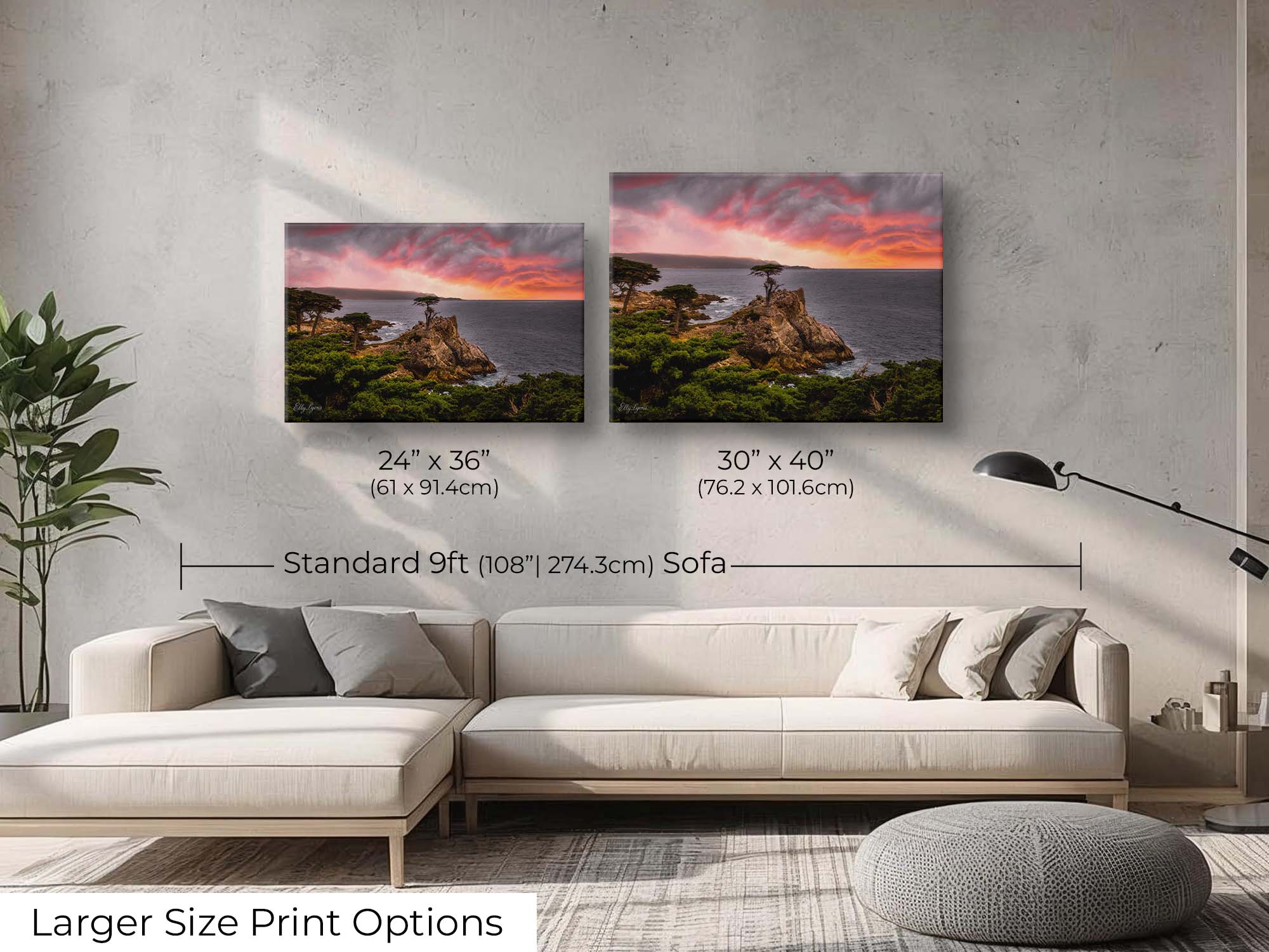 Lone Cypress sunset at Carmel by the Sea in California fine art print wall art size mockup showing 24x36 and 30x40 inch prints above a nine foot sofa