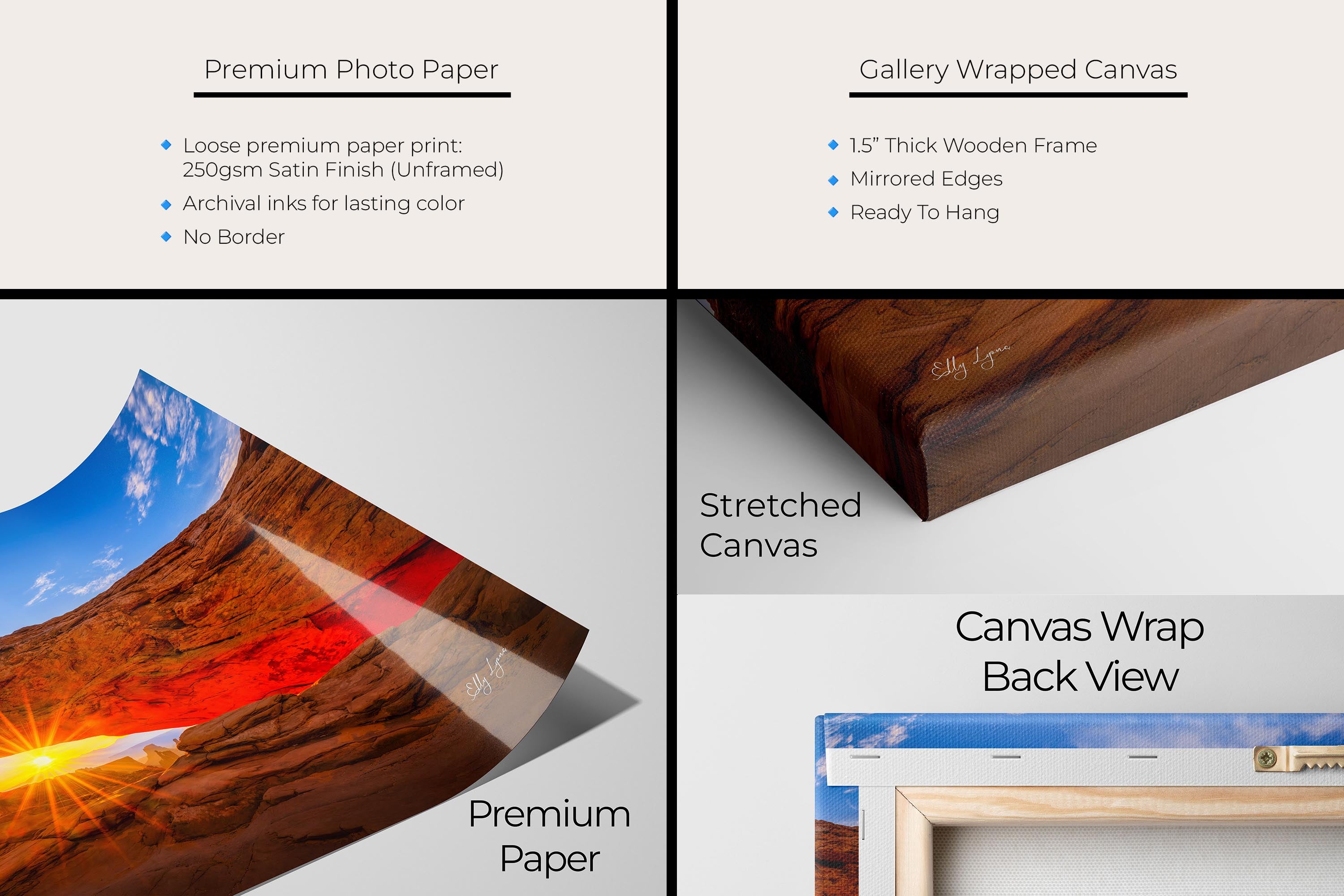 Mesa Arch at Canyonlands National Park sunrise fine art print artwork materials mockup showing premium photo paper and gallery wrapped canvas close up