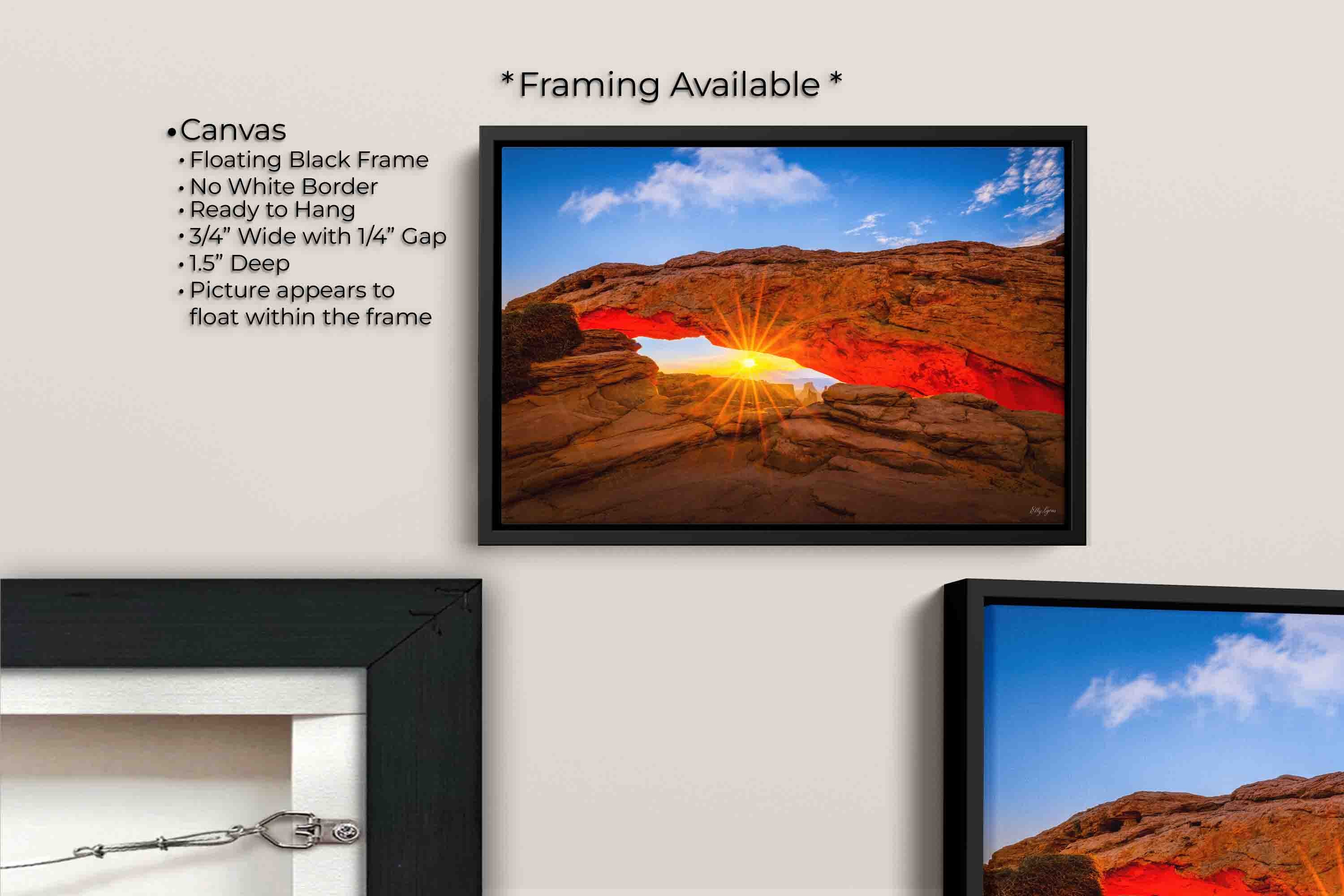 Mesa Arch at Canyonlands National Park sunrise fine art print canvas wall art in black float frame, canvas framing option details