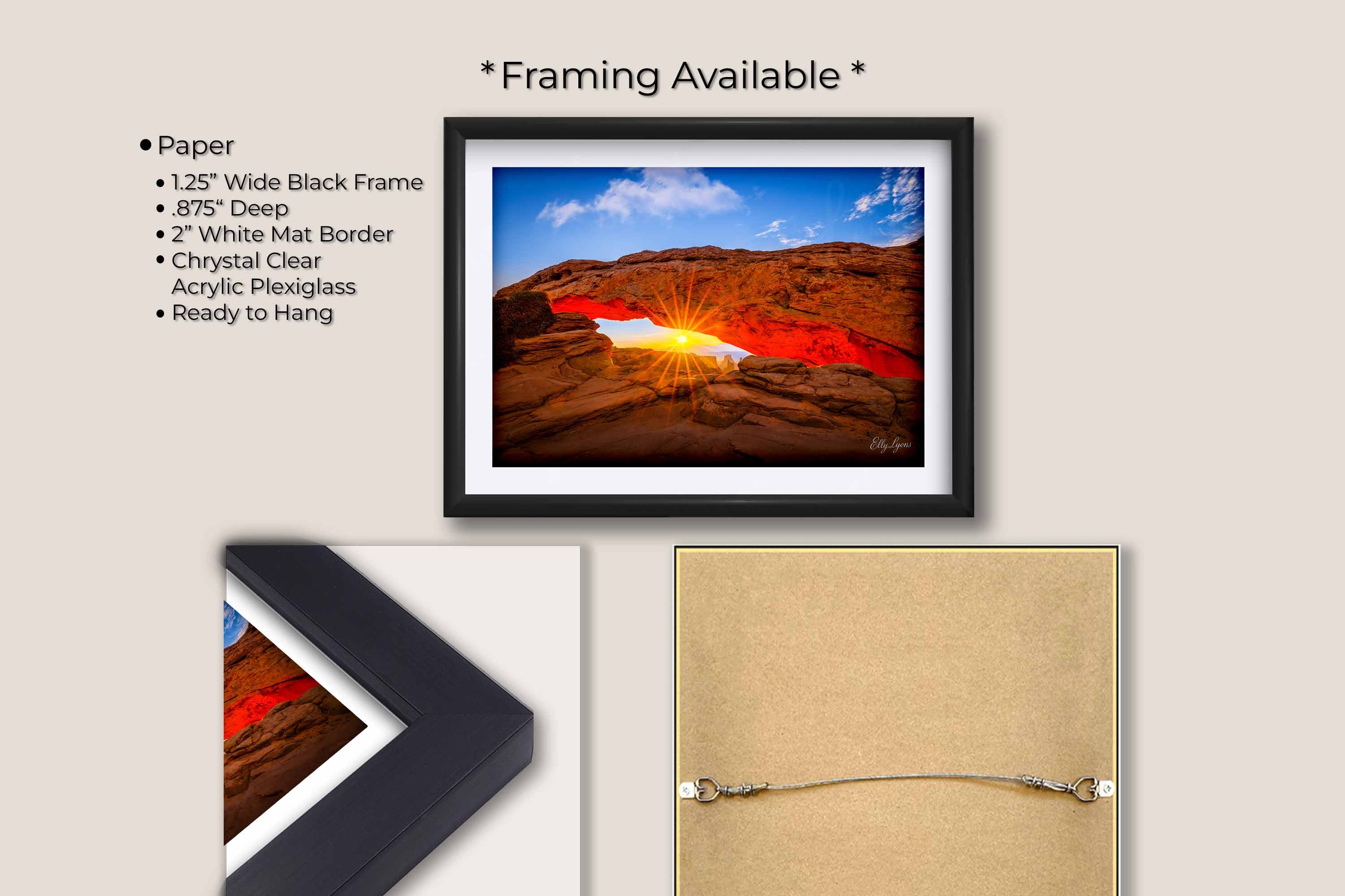 Mesa Arch at Canyonlands National Park sunrise fine art print in black frame with white mat, paper and framing option details