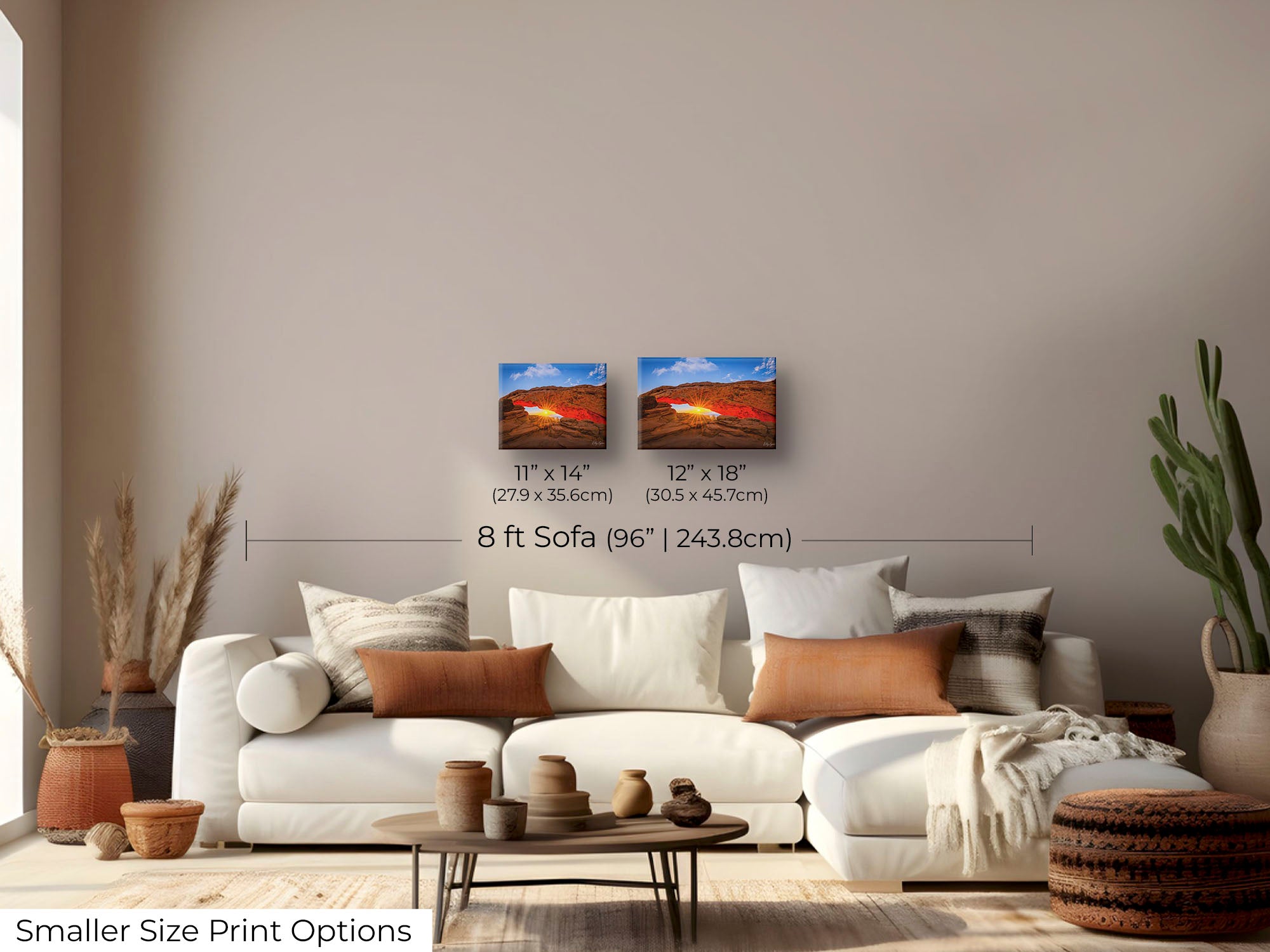 Mesa Arch at Canyonlands National Park sunrise fine art print wall art size mockup showing 11x14 and 12x18 inch prints above an eight foot sofa 