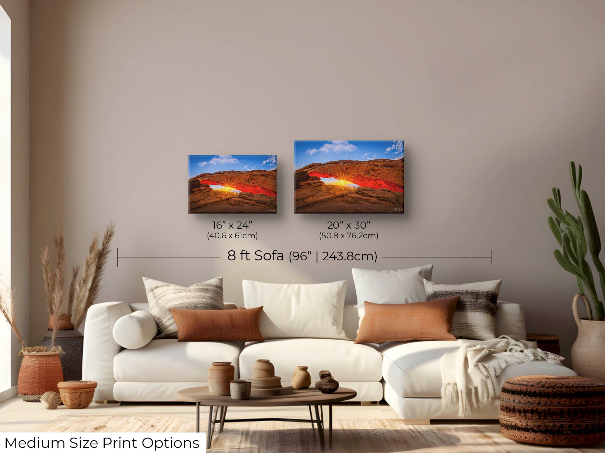 Mesa Arch at Canyonlands National Park sunrise fine art print wall art size mockup showing 16x24 and 20x30 inch prints above an eight foot sofa 