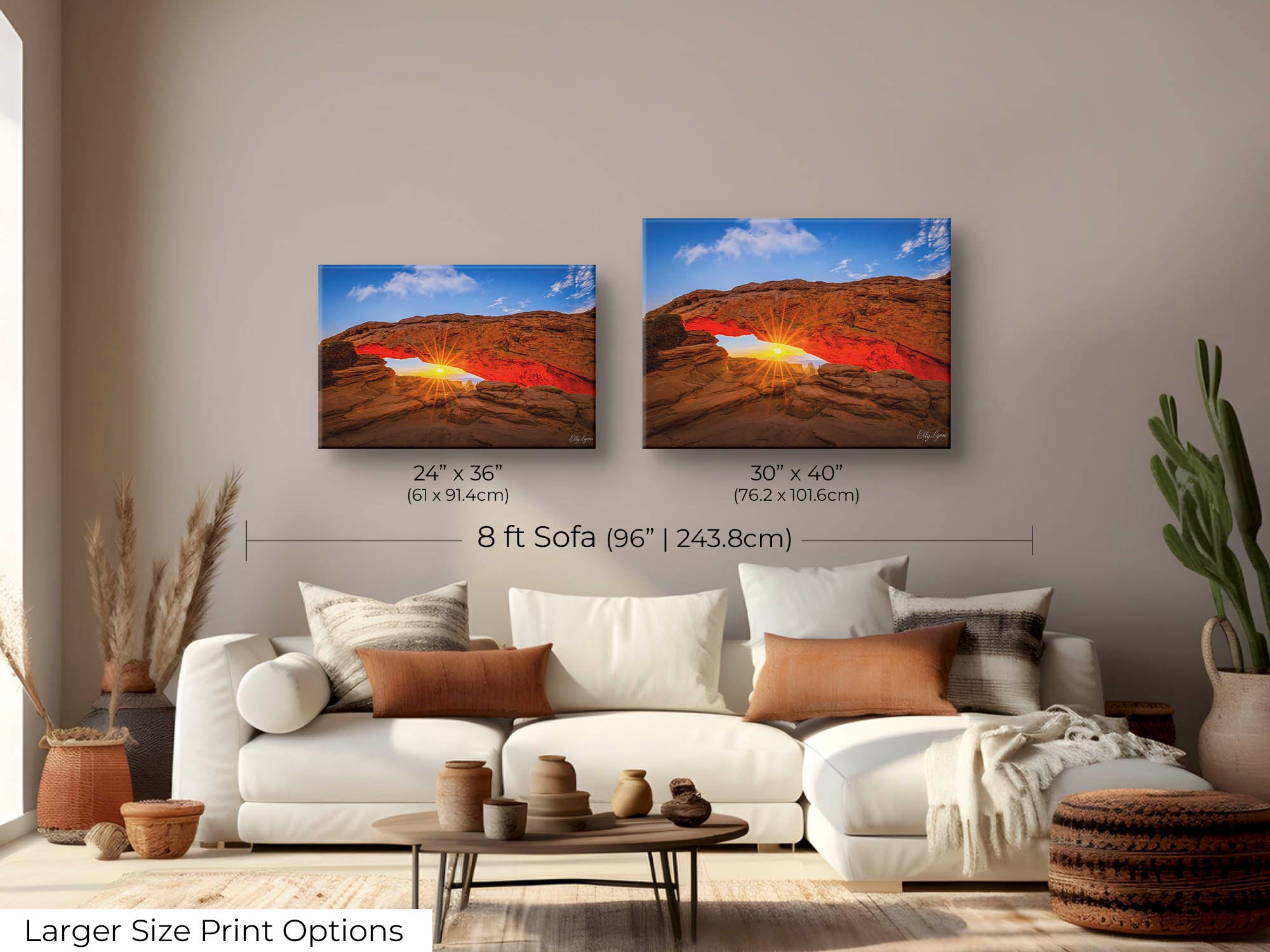 Mesa Arch at Canyonlands National Park sunrise fine art print wall art size mockup showing 24x36 and 30x40 inch prints above an eight foot sofa 