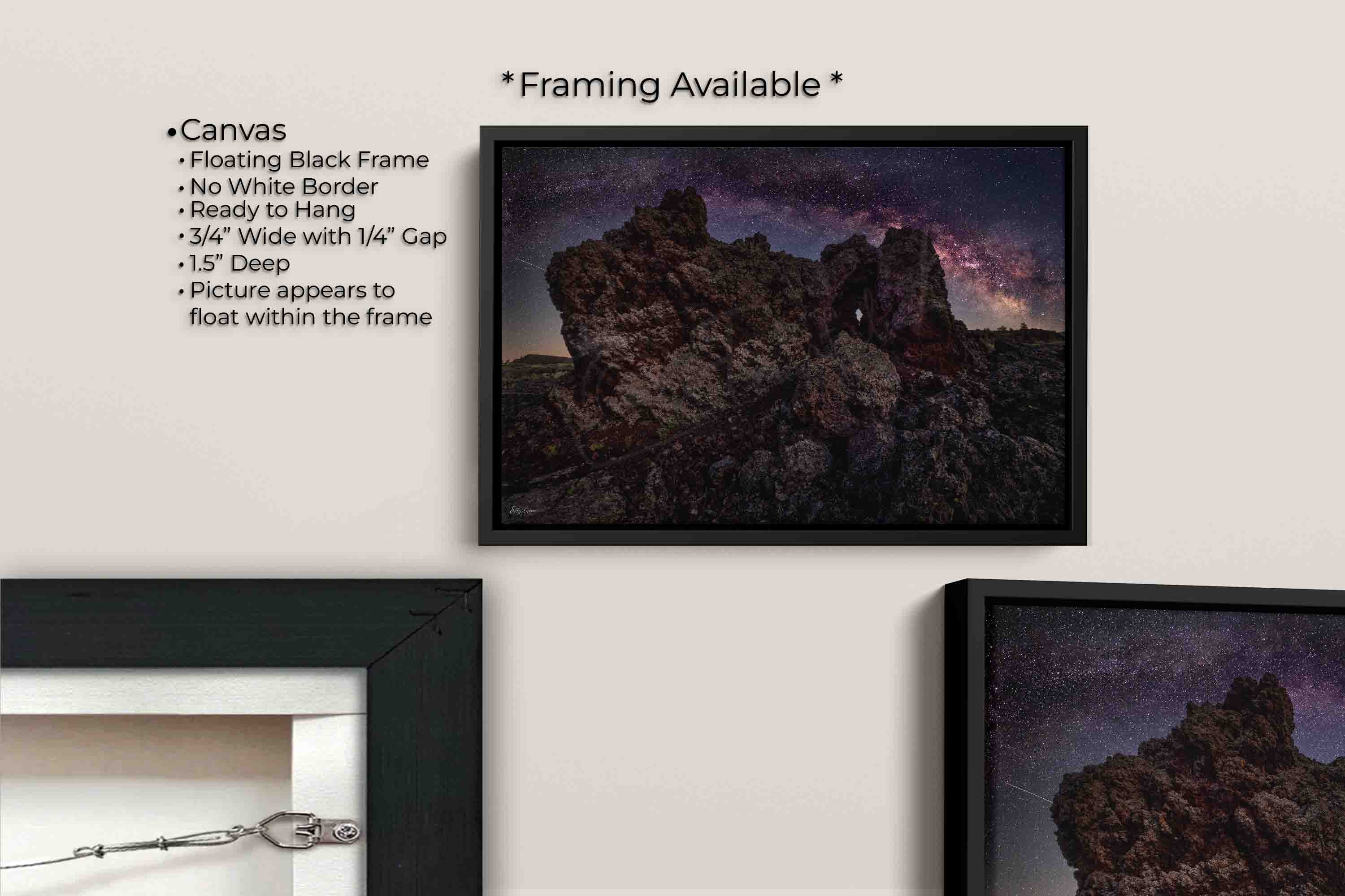 Craters of the Moon National Monument milky way stars fine art print canvas wall art in black float frame, canvas framing option details