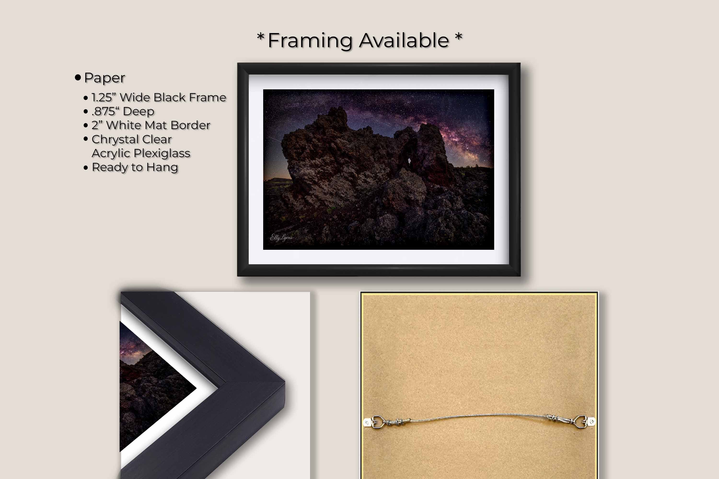 Craters of the Moon National Monument milky way stars fine art print in black frame with white mat, paper and framing option details