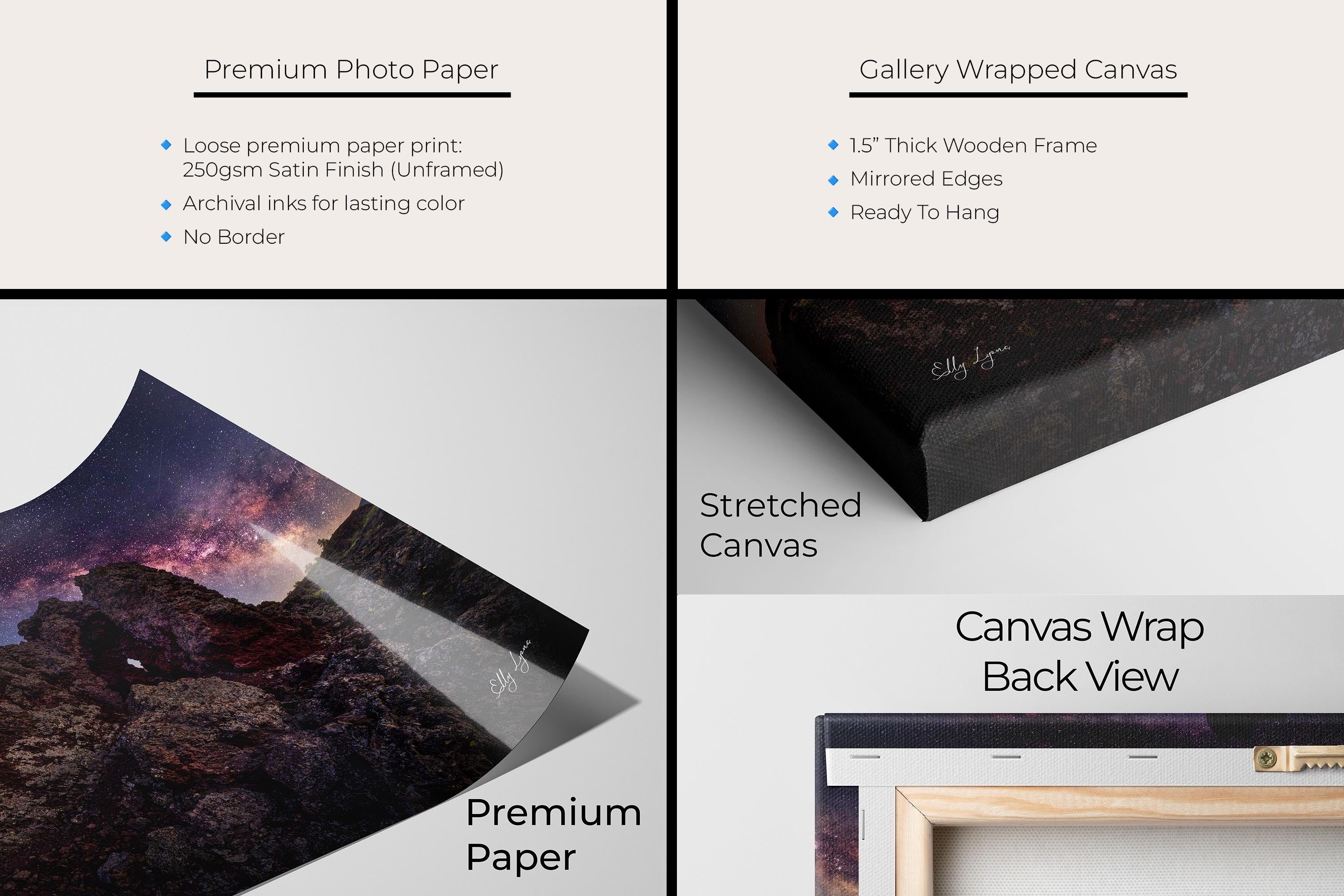 Craters of the Moon National Monument milky way stars fine art print artwork materials mockup showing premium photo paper and gallery wrapped canvas close up