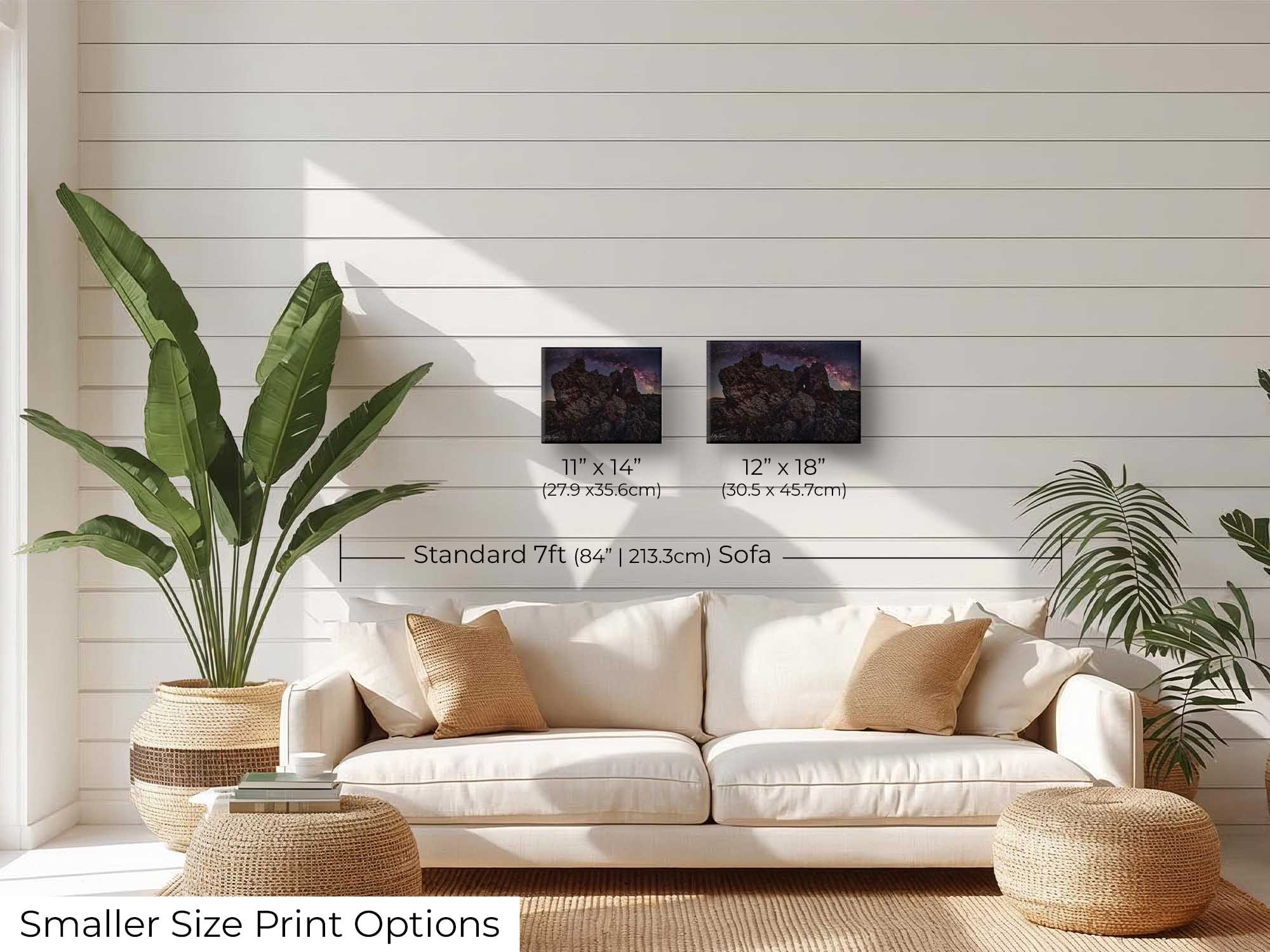 Craters of the Moon National Monument milky way stars fine art print wall art size mockup showing 11x14 and 12x18 inch prints above a seven foot sofa 