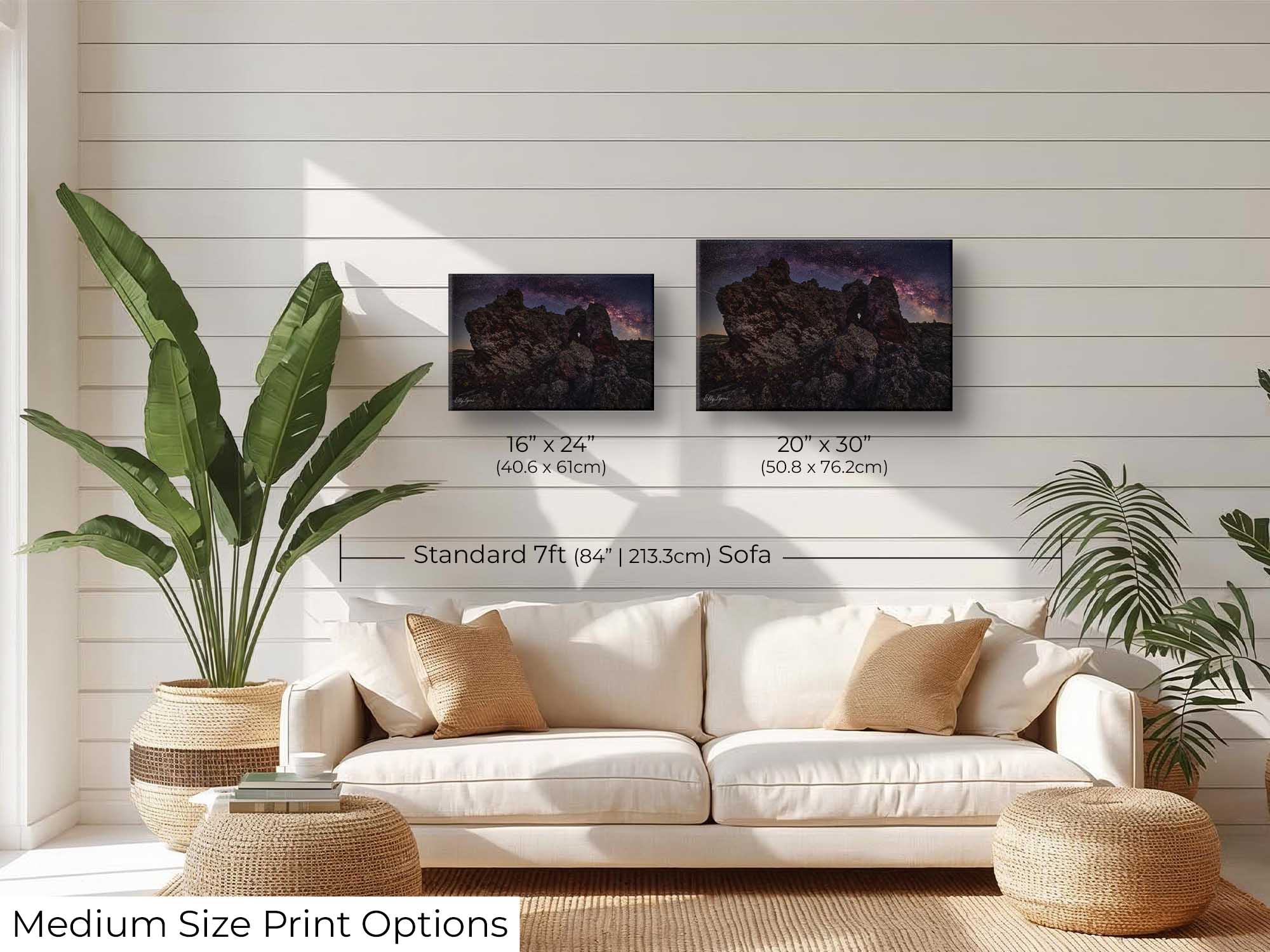 Craters of the Moon National Monument milky way stars fine art print wall art size mockup showing 16x24 and 20x30 inch prints above a seven foot sofa 