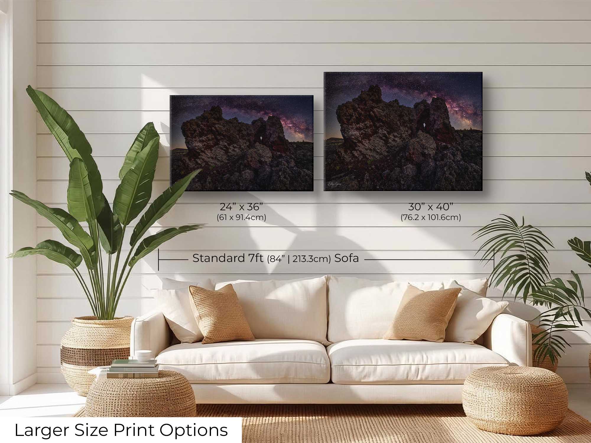 Craters of the Moon National Monument milky way stars fine art print wall art size mockup showing 24x36 and 30x40 inch prints above a seven foot sofa 