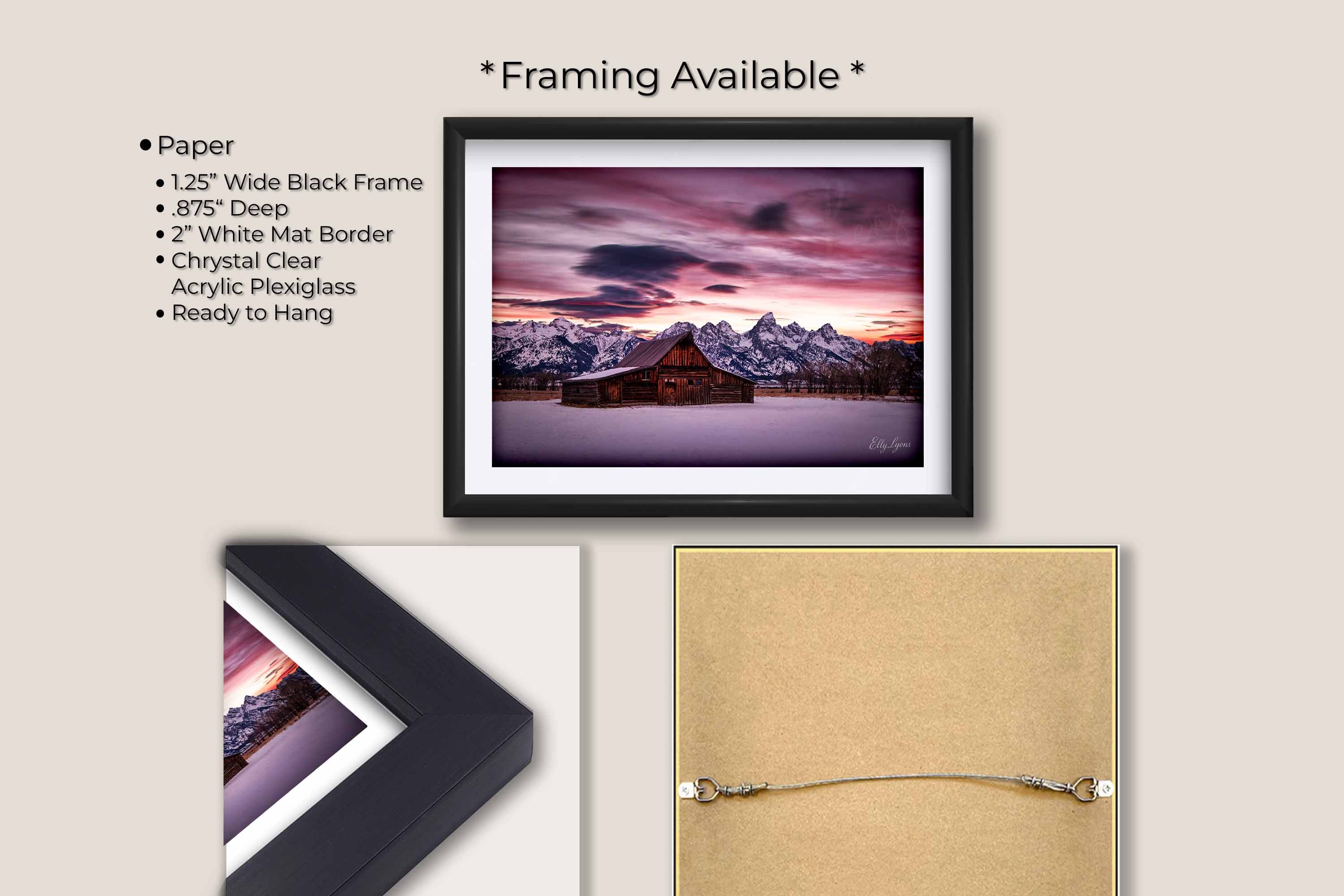 Grand Teton National Park Moulton barn sunrise fine art print in black frame with white mat, paper and framing option details