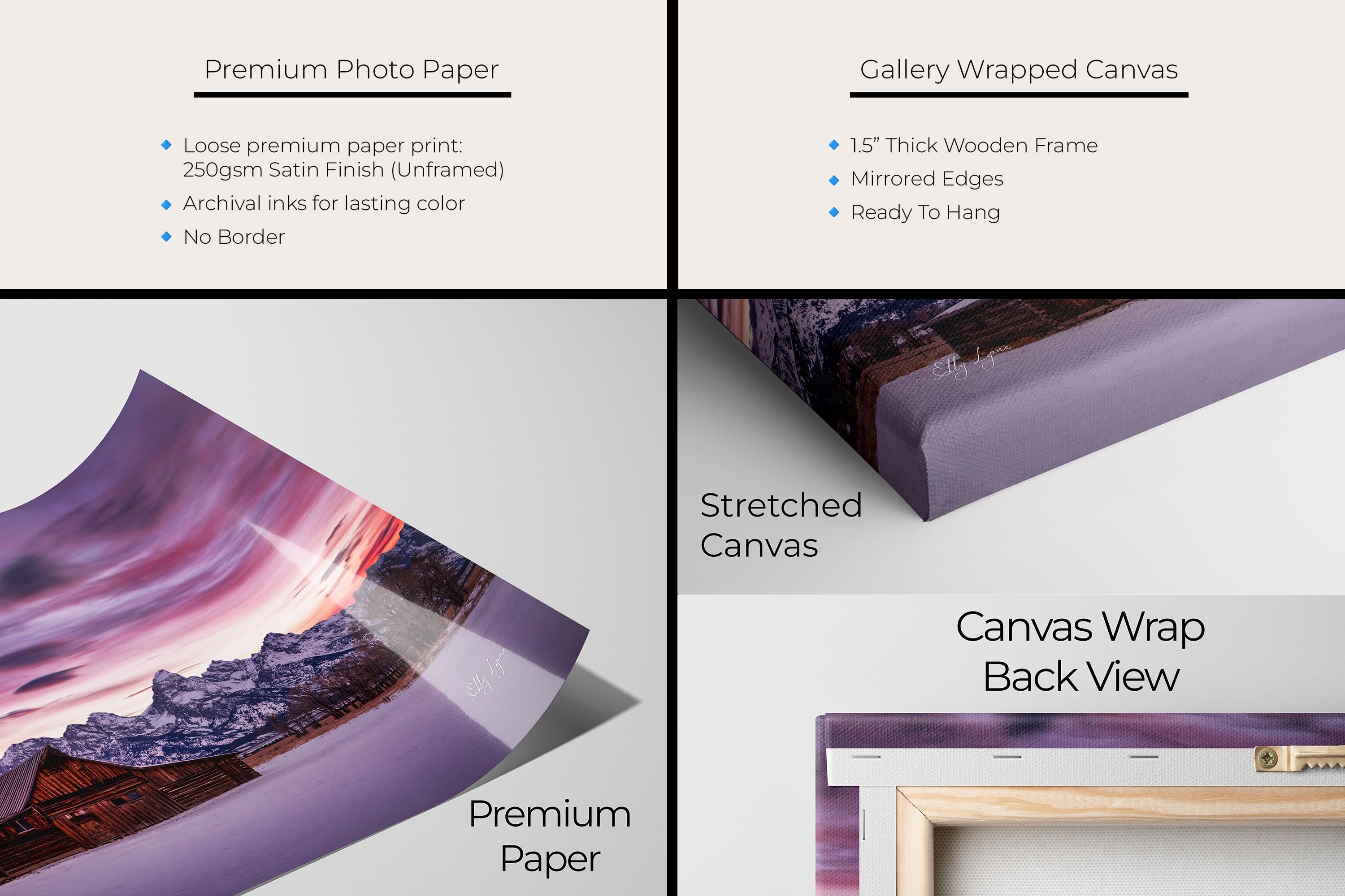 Grand Teton National Park Moulton barn sunrise fine art print artwork materials mockup showing premium photo paper and gallery wrapped canvas close up