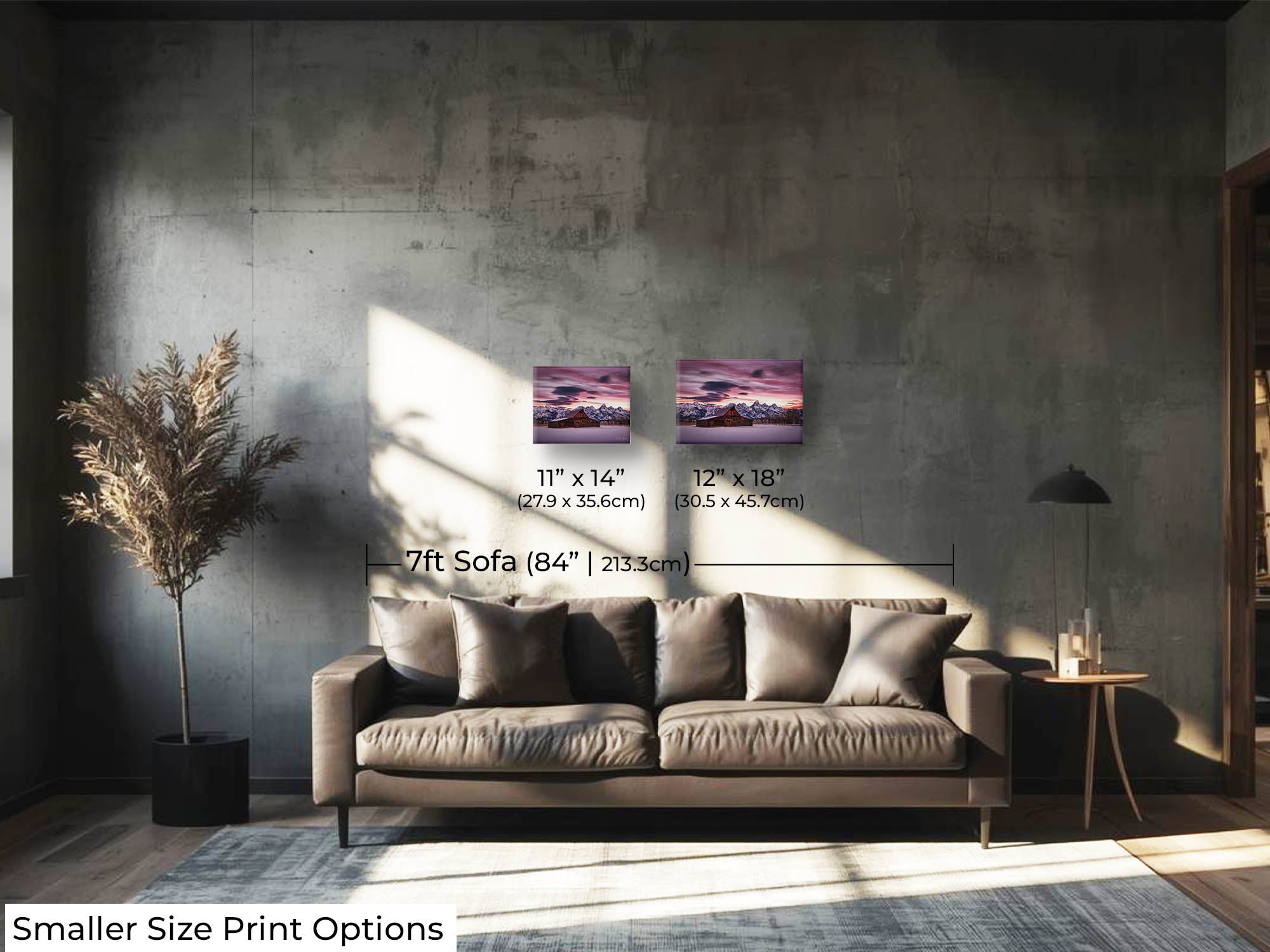 Grand Teton National Park Moulton barn sunrise fine art print wall art size mockup showing 11x14 and 12x18 inch prints above a seven foot sofa