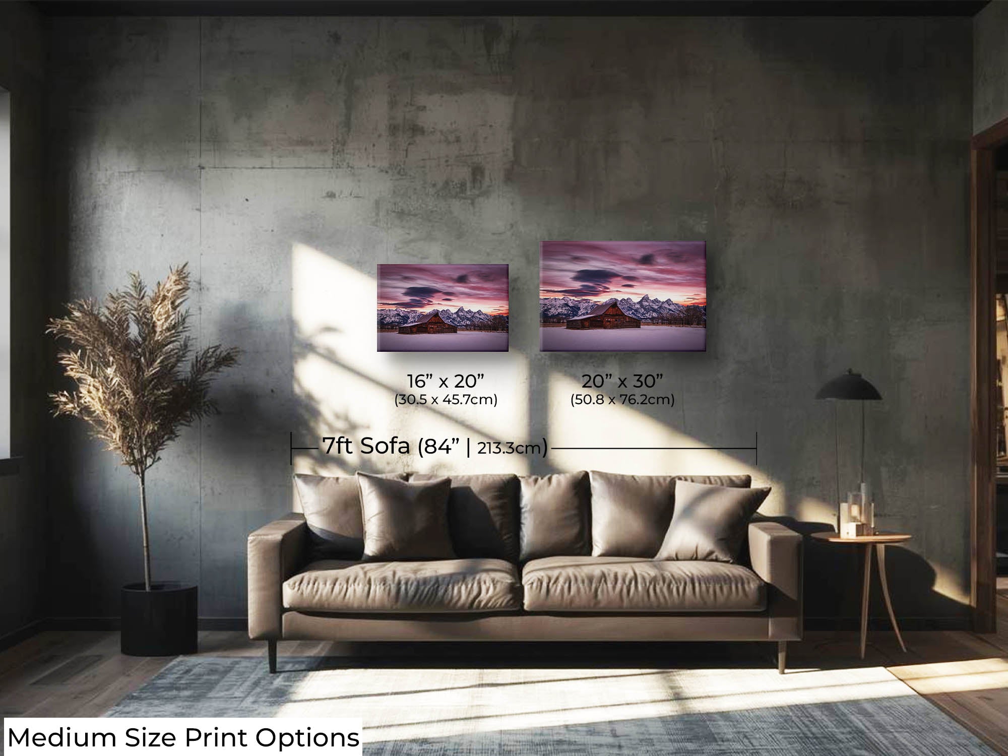 Grand Teton National Park Moulton barn sunrise fine art print wall art size mockup showing 16x24 and 20x30 inch prints above a seven foot sofa 
