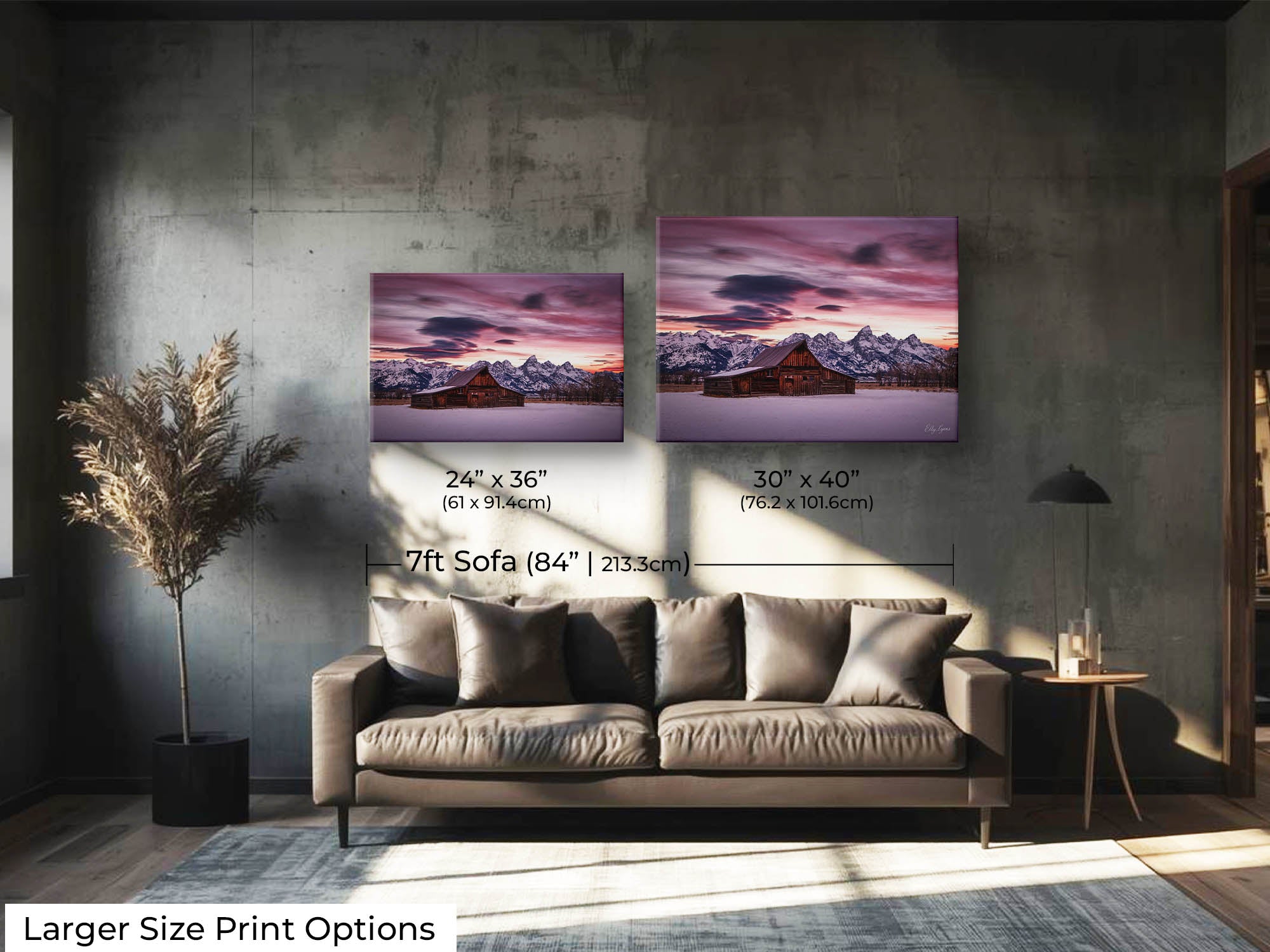 Grand Teton National Park Moulton barn sunrise fine art print wall art size mockup showing 24x36 and 30x40 inch prints above a seven foot sofa