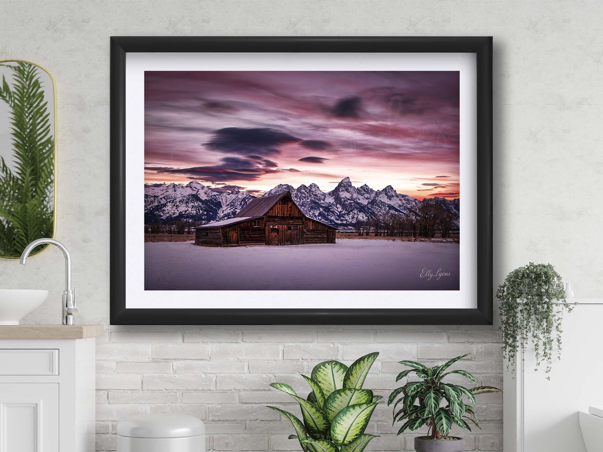 Grand Teton National Park Moulton barn sunrise fine art print in black frame styled in a bright bathroom