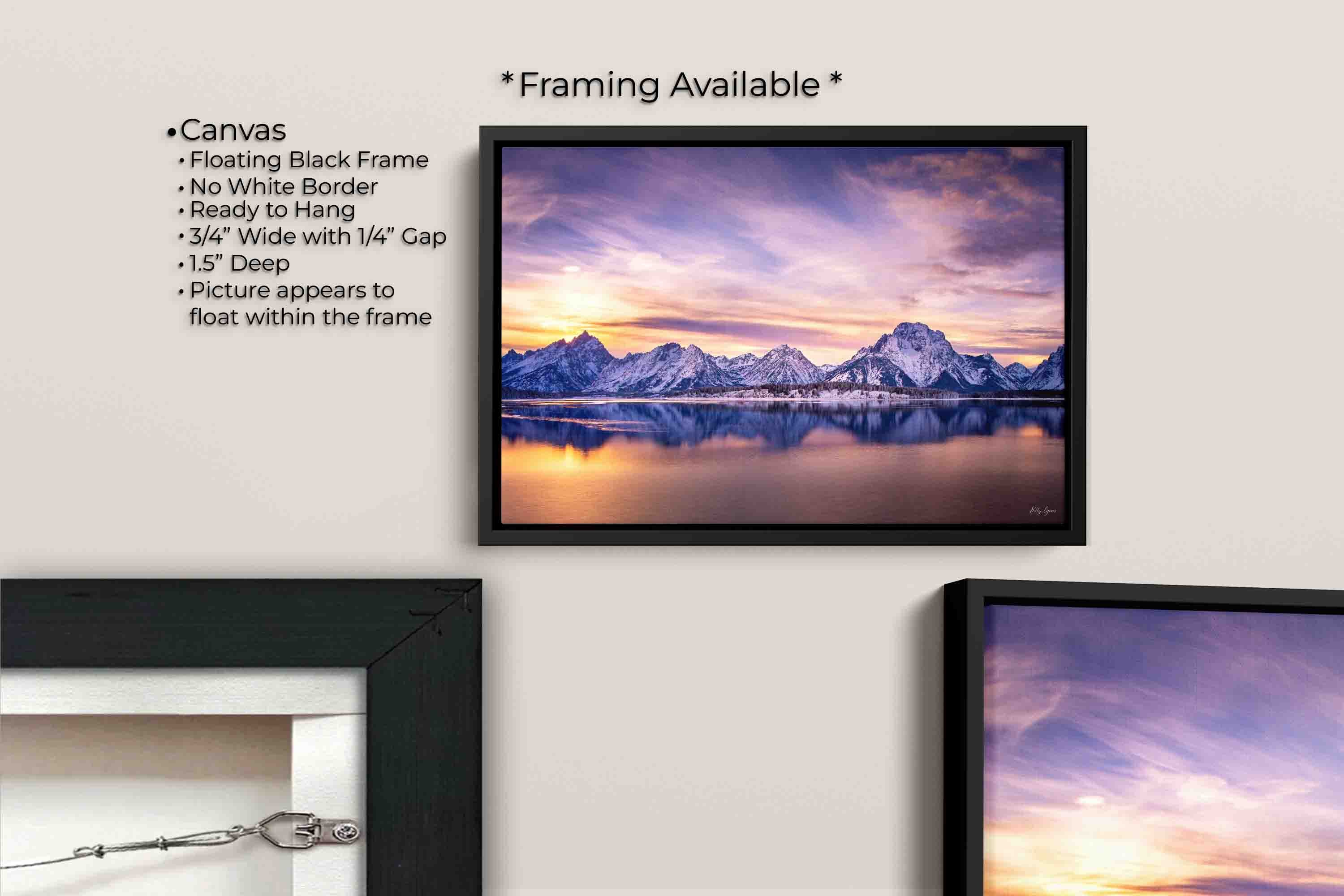 Grand Teton National Park, Mount Moran reflection sunset fine art print canvas wall art in black float frame, canvas framing option details