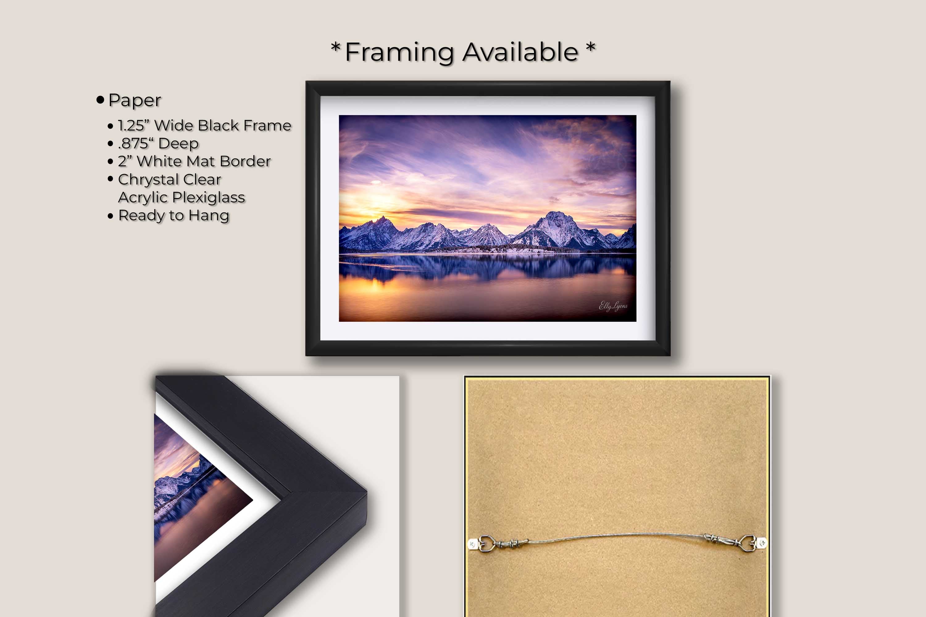 Grand Teton National Park, Mount Moran reflection sunset fine art print in black frame with white mat, paper and framing option details