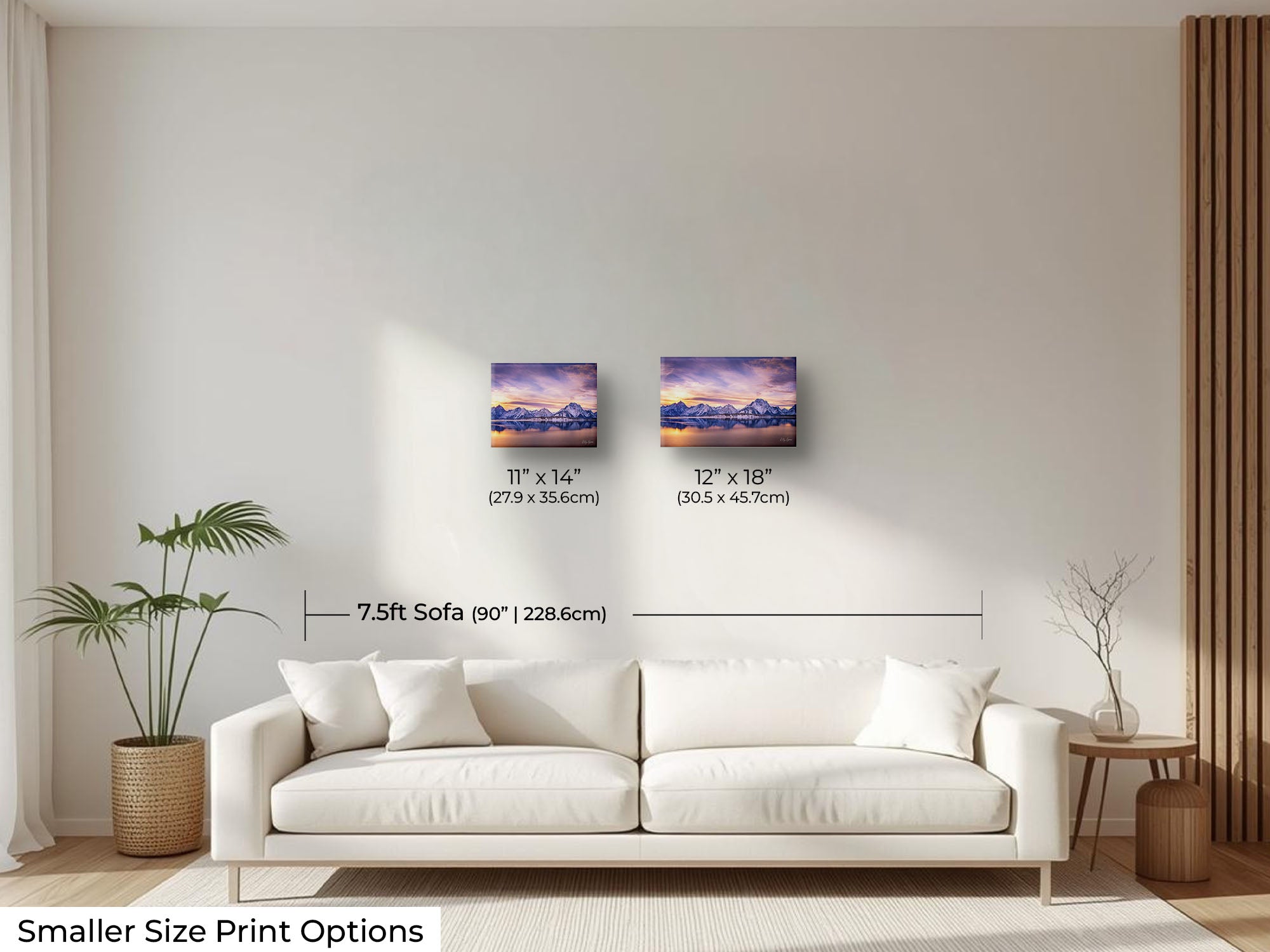 Grand Teton National Park, Mount Moran reflection sunset fine art print wall art size mockup showing 11x14 and 12x18 inch prints above a seven and a half foot sofa