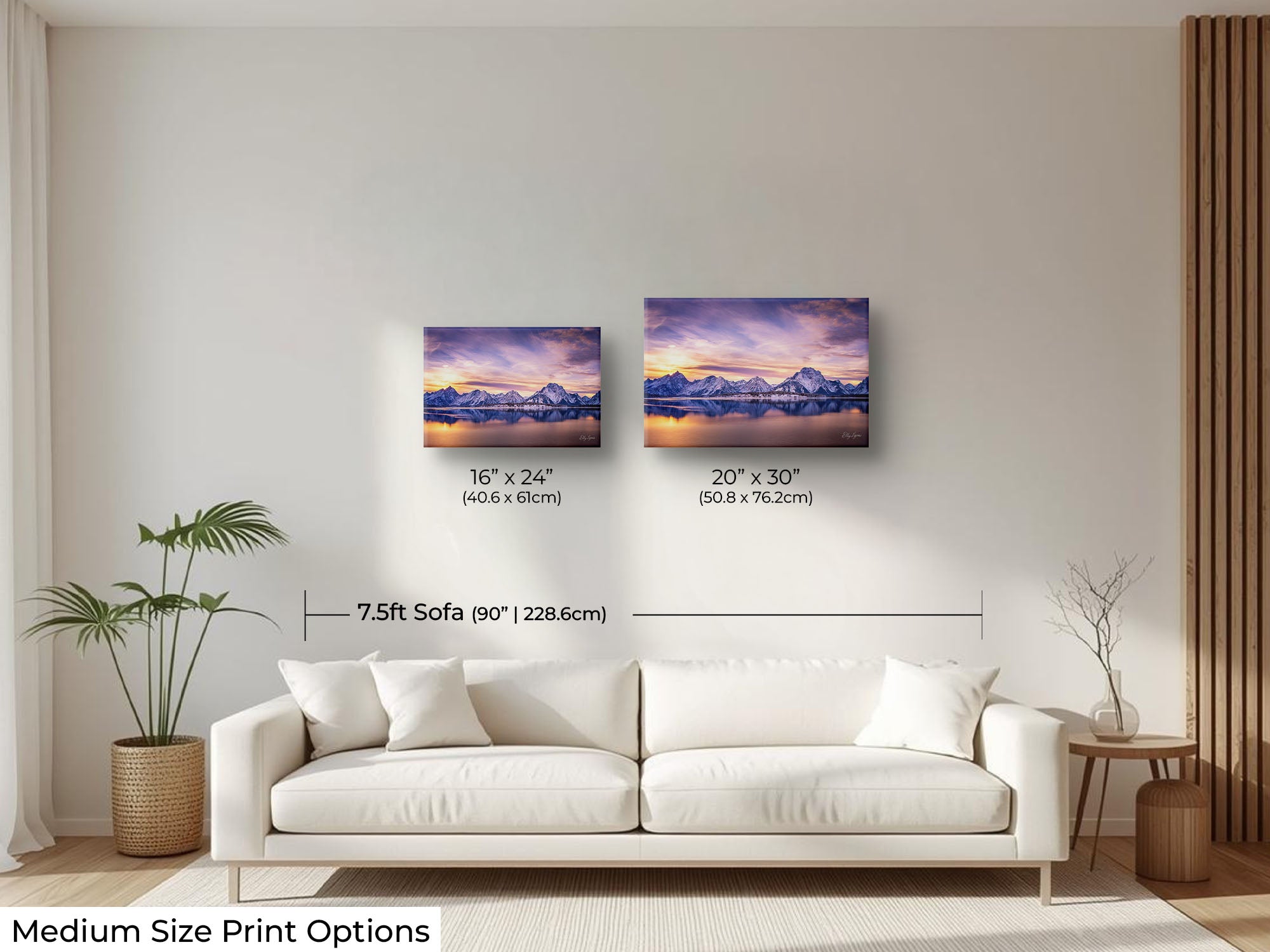 Grand Teton National Park, Mount Moran reflection sunset fine art print wall art size mockup showing 16x24 and 20x30 inch prints above a seven and a half foot sofa 