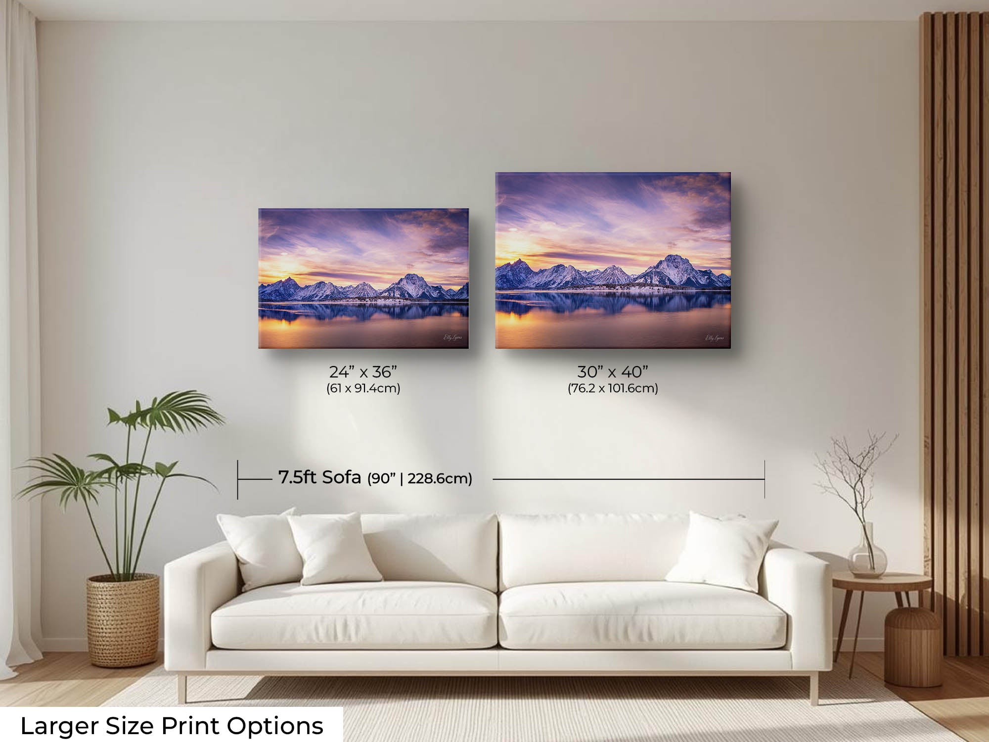 Grand Teton National Park, Mount Moran reflection sunset fine art print wall art size mockup showing 24x36 and 30x40 inch prints above a seven and a half foot sofa