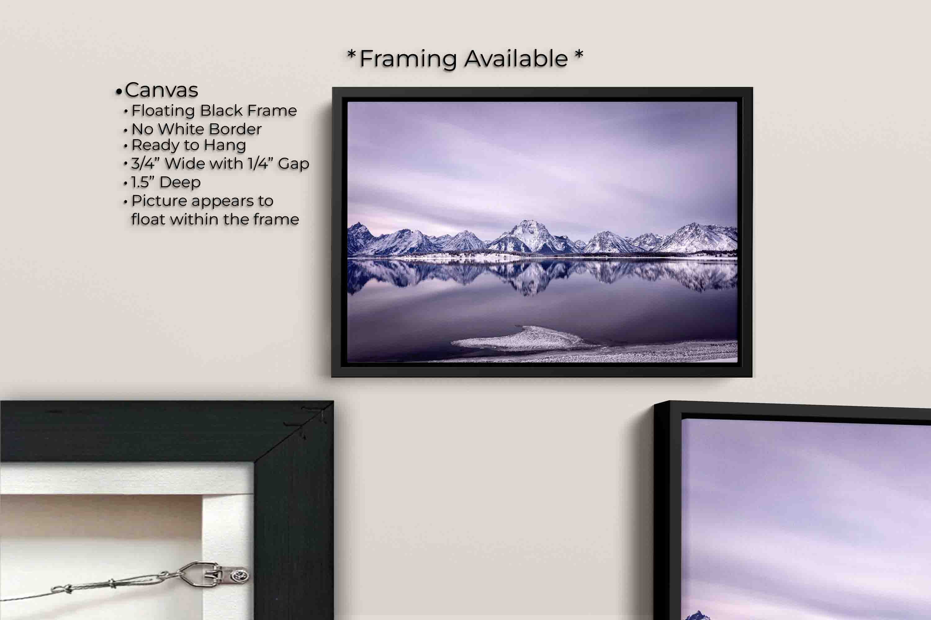 Grand Teton National Park, snow capped mountain sunset fine art print in black frame with white mat, paper and framing option details