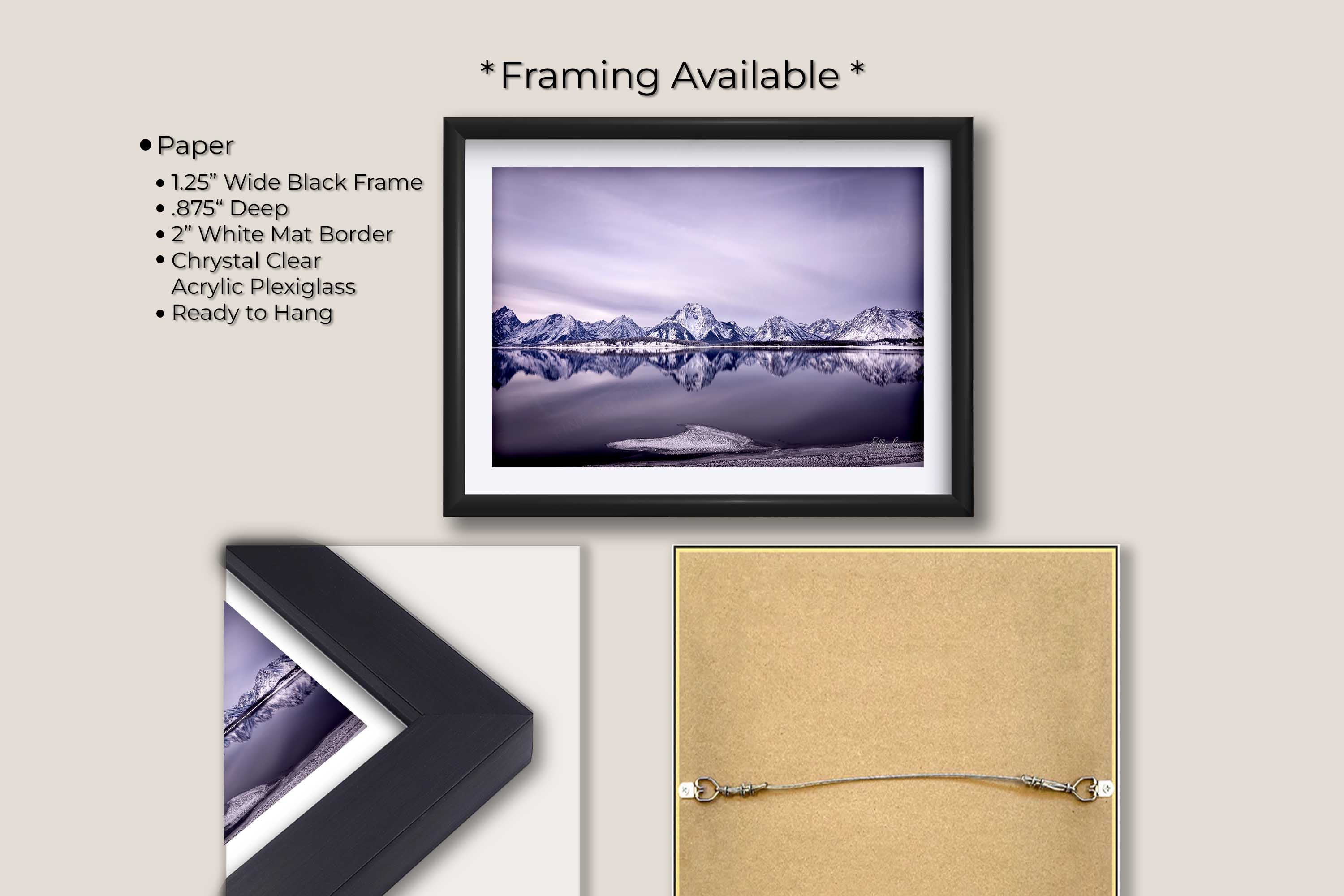Grand Teton National Park, snow capped mountain sunset fine art print in black frame with white mat, paper and framing option details