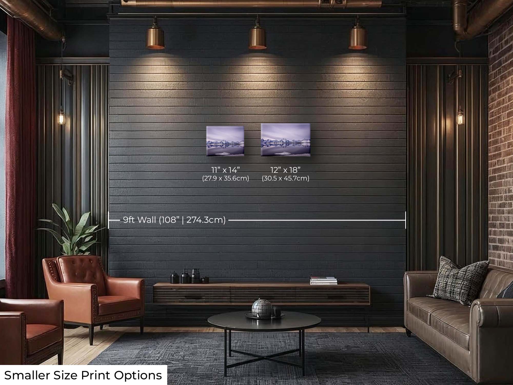Grand Teton National Park, snow capped mountain sunset fine art print wall art size mockup showing 11x14 and 12x18 inch prints above a coffee table by a nine foot wall