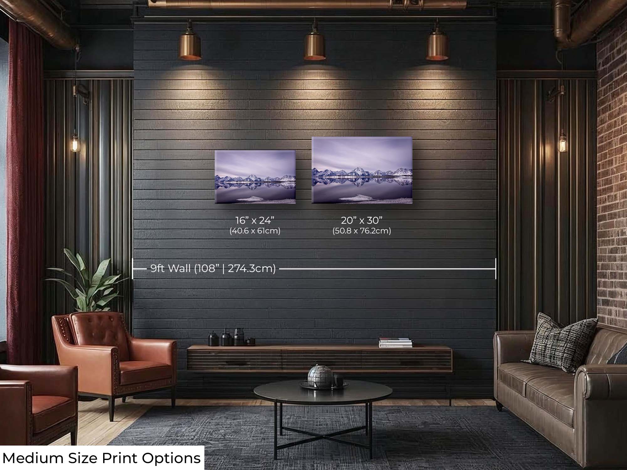 Grand Teton National Park, snow capped mountain sunset fine art print wall art size mockup showing 16x24 and 20x30 inch prints above a coffee table by a nine foot wall