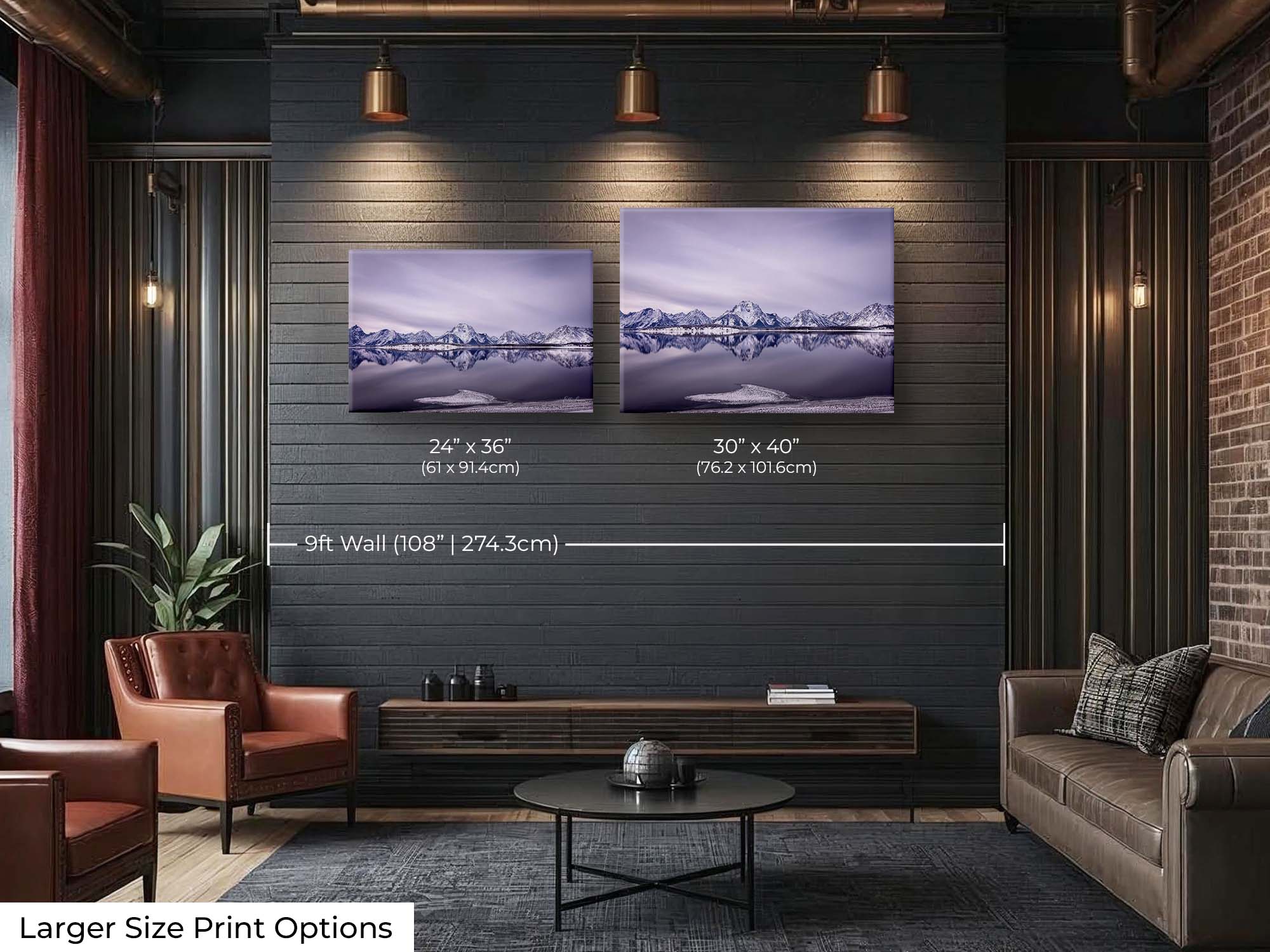 Grand Teton National Park, snow capped mountain sunset fine art print wall art size mockup showing 24x36 and 30x40 inch prints above a coffee table by a nine foot wall
