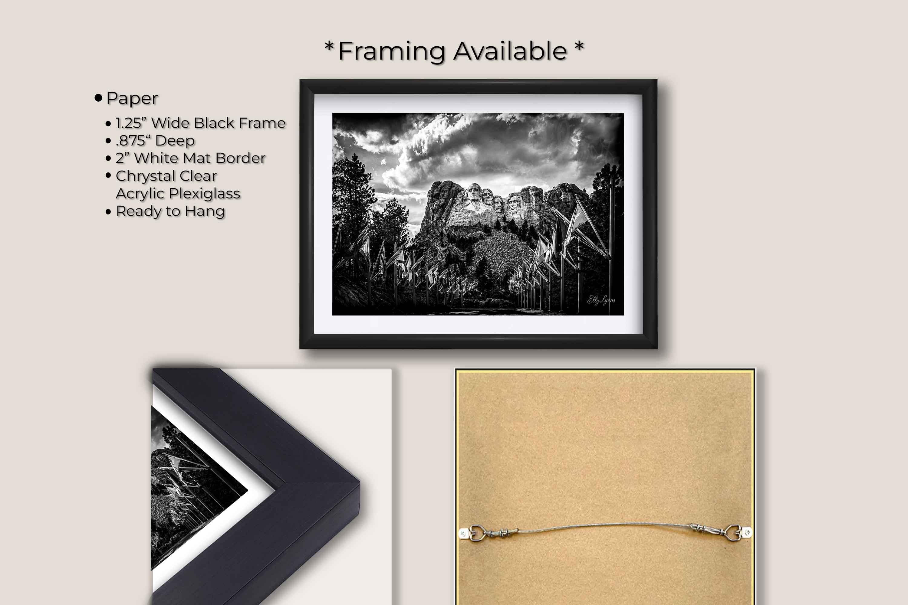 Mount Rushmore black and white fine art print in black frame with white mat, paper and framing option details