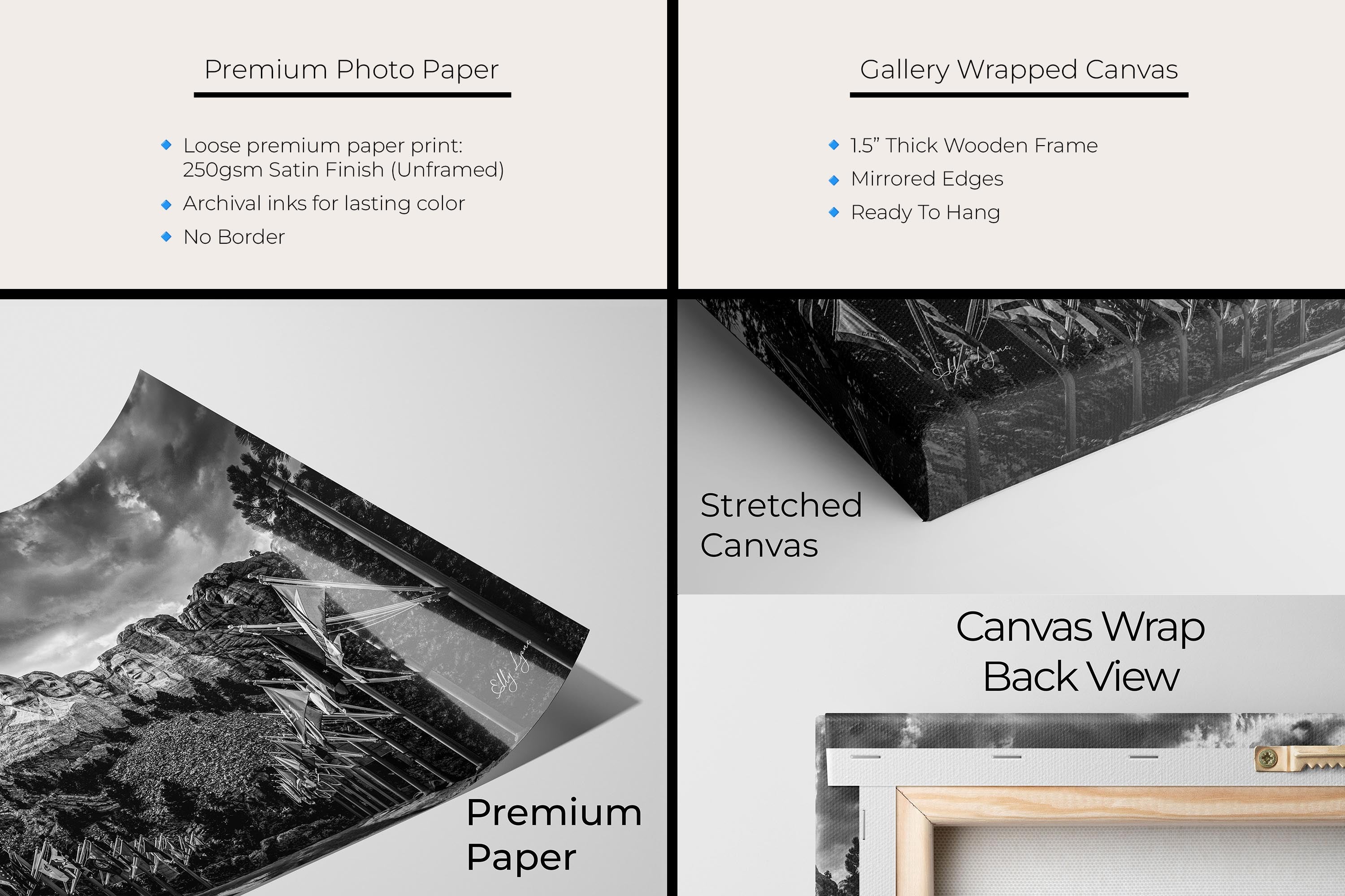 Mount Rushmore black and white fine art print artwork materials mockup showing premium photo paper and gallery wrapped canvas close up