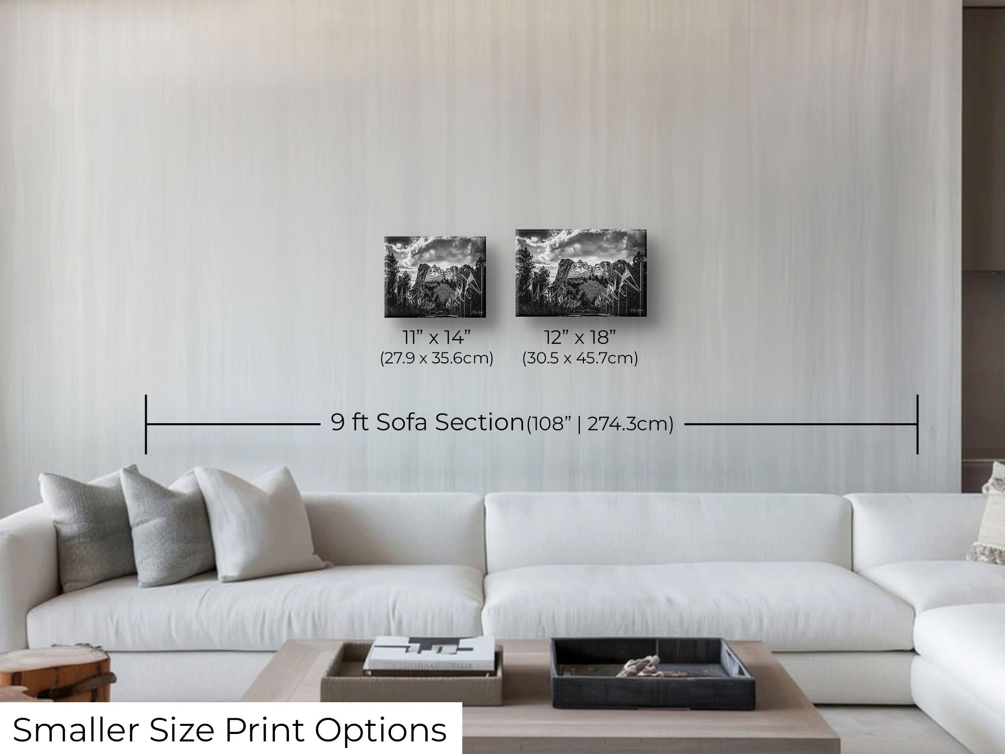 Mount Rushmore black and white fine art print wall art size mockup showing 11x14 and 12x18 inch prints above a nine foot sofa 