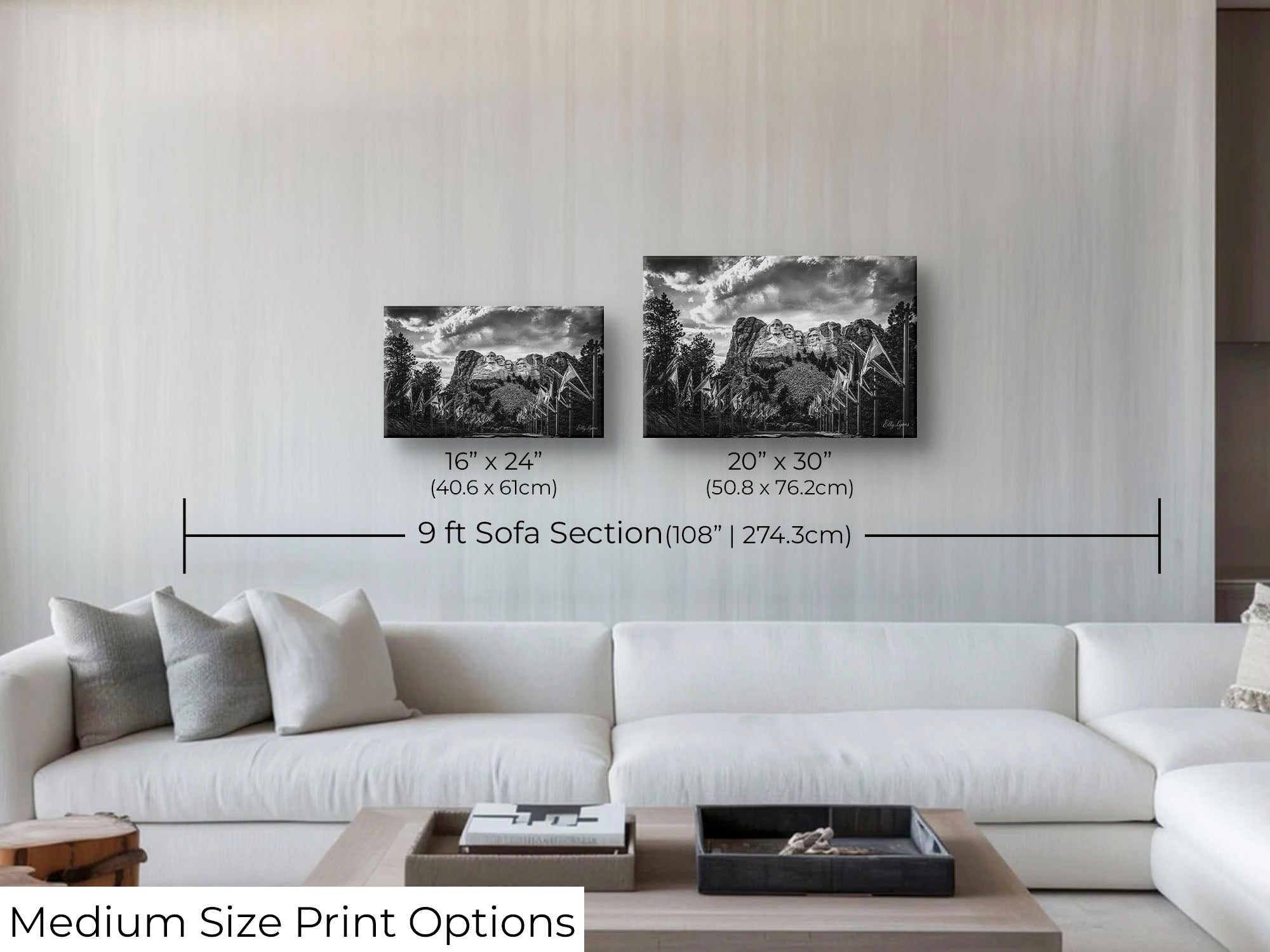 Mount Rushmore black and white fine art print wall art size mockup showing 16x24 and 20x30 inch prints above a nine foot sofa 