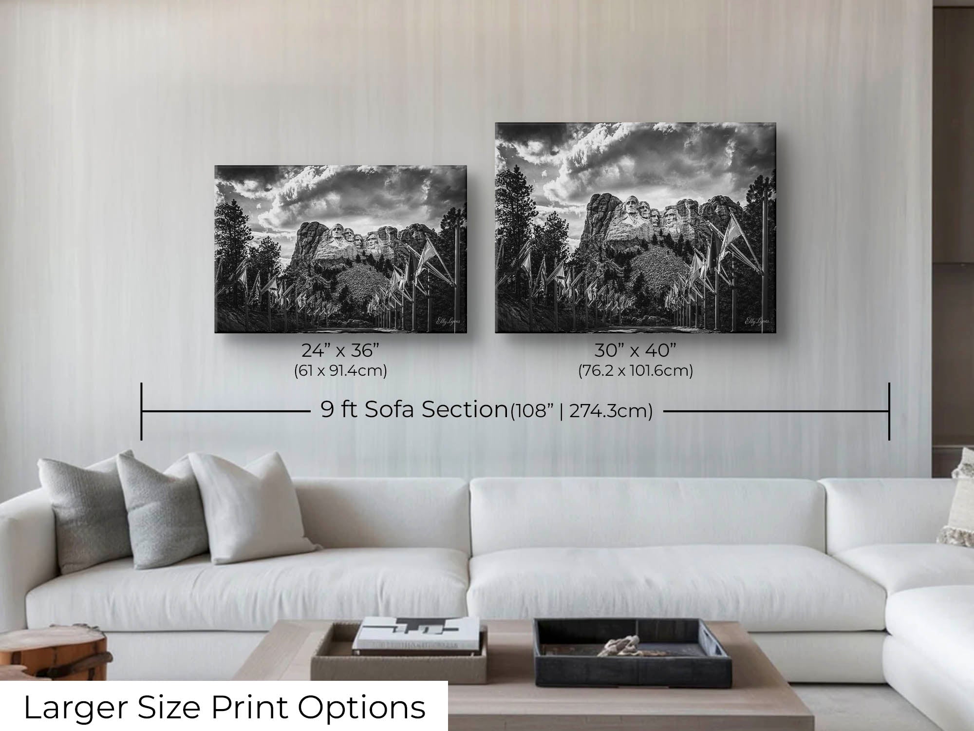 Mount Rushmore black and white fine art print wall art size mockup showing 24x36 and 30x40 inch prints above a nine foot sofa 