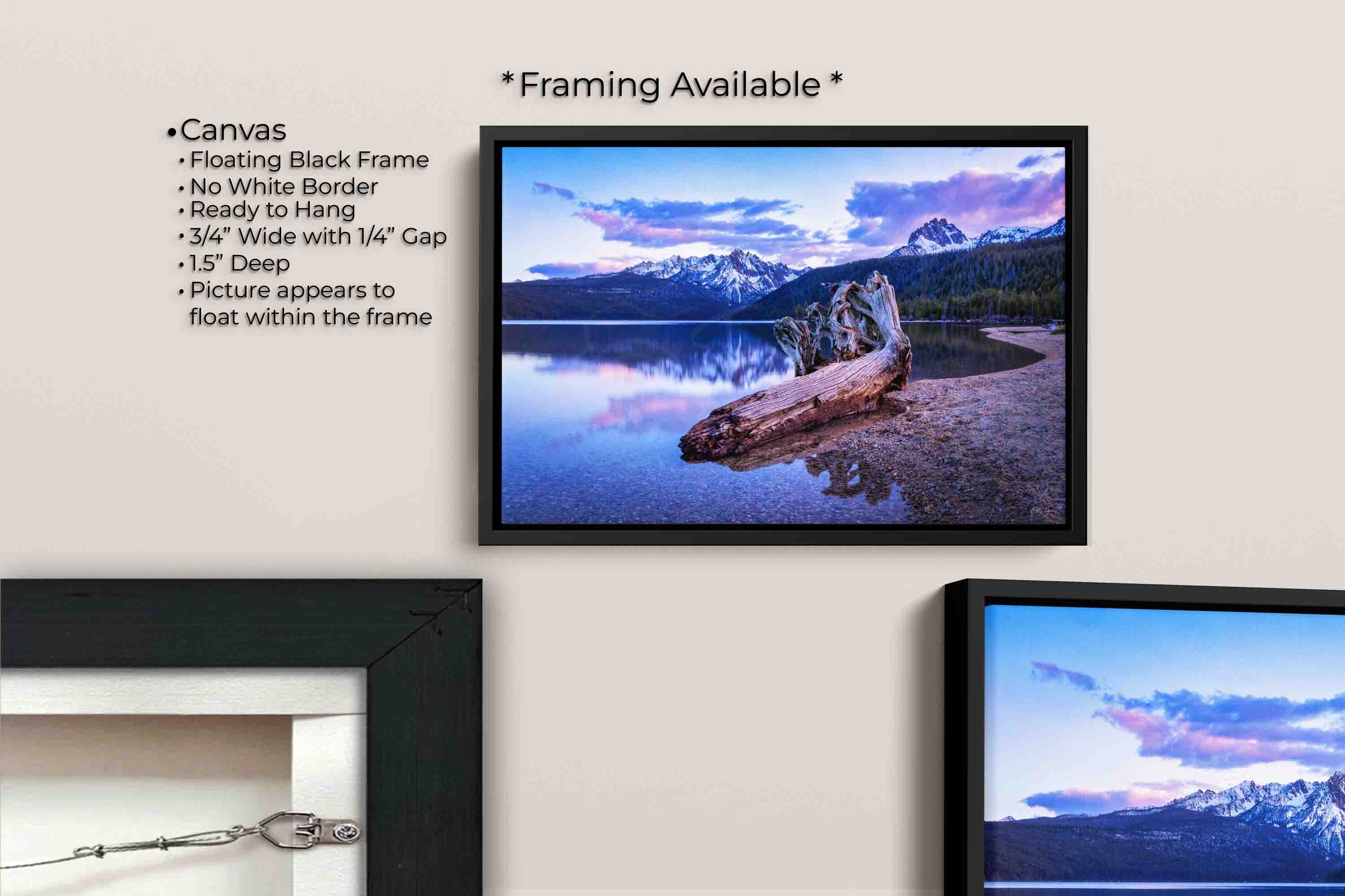 Sawtooth mountains at Redfish Lake in Idaho at sunset fine art print canvas wall art in black float frame, canvas framing option details