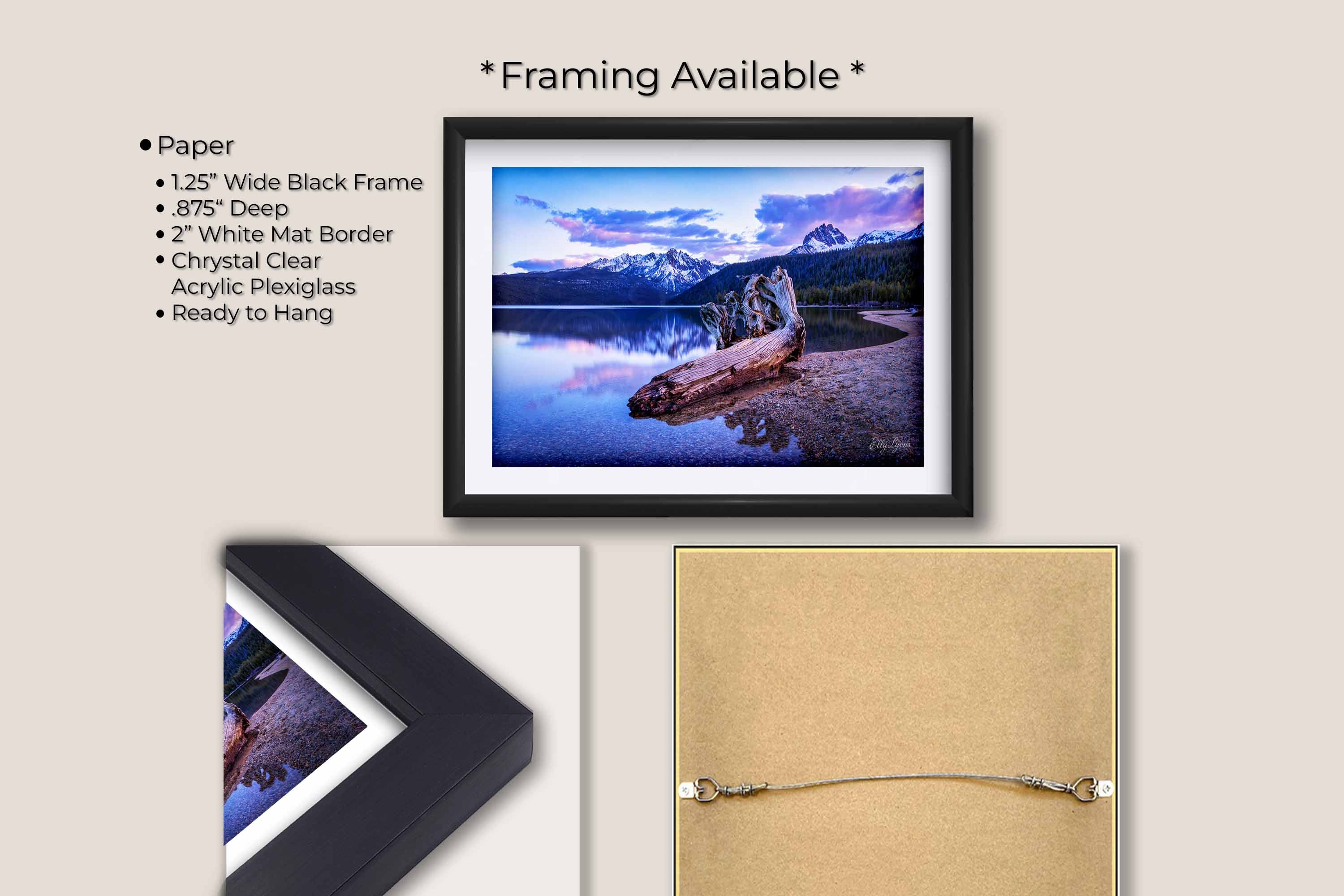 Sawtooth mountains at Redfish Lake in Idaho at sunset fine art print in black frame with white mat, paper and framing option details