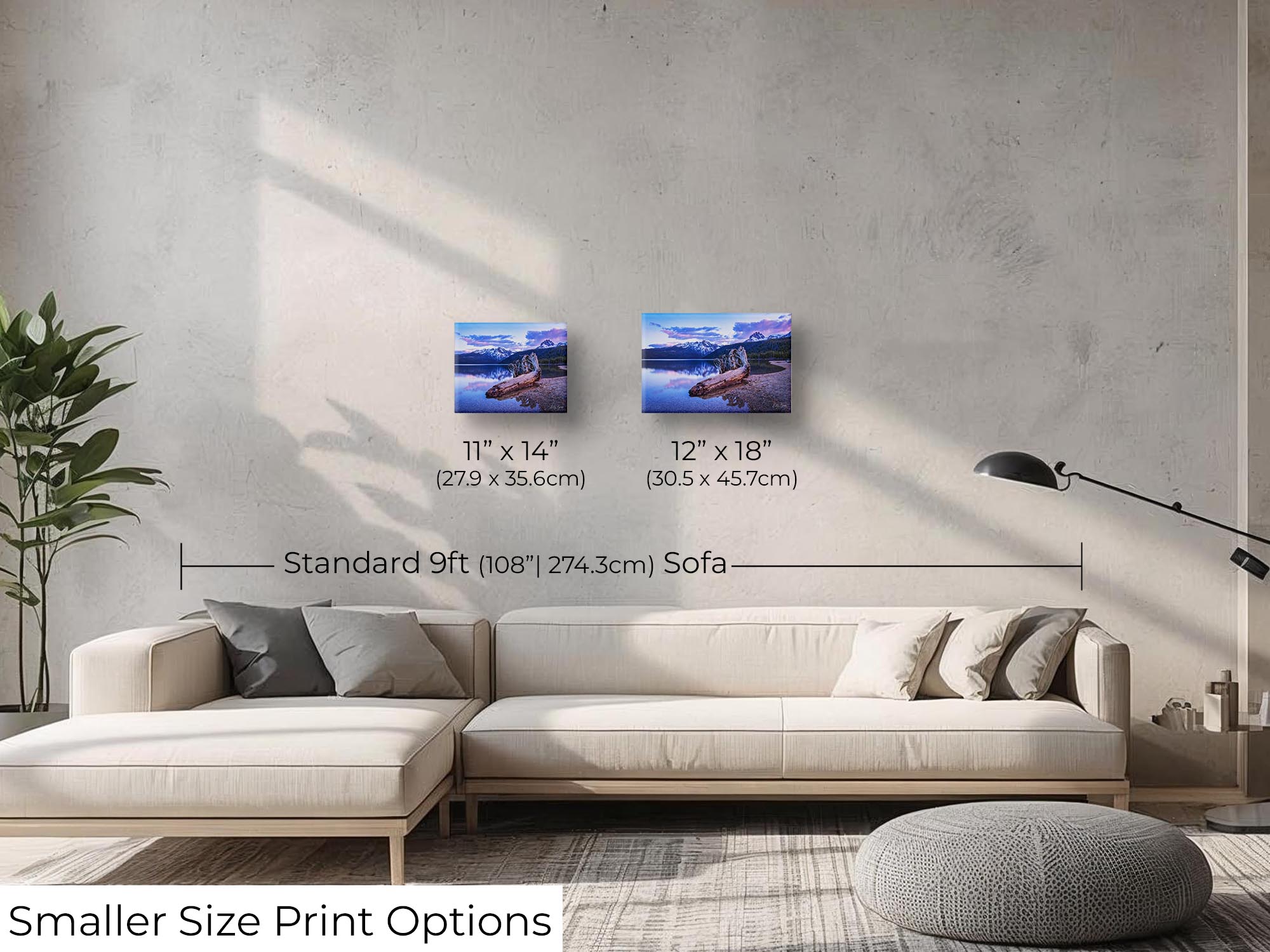 Sawtooth mountains at Redfish Lake in Idaho at sunset fine art print wall art size mockup showing 11x14 and 12x18 inch prints above a nine foot sofa 