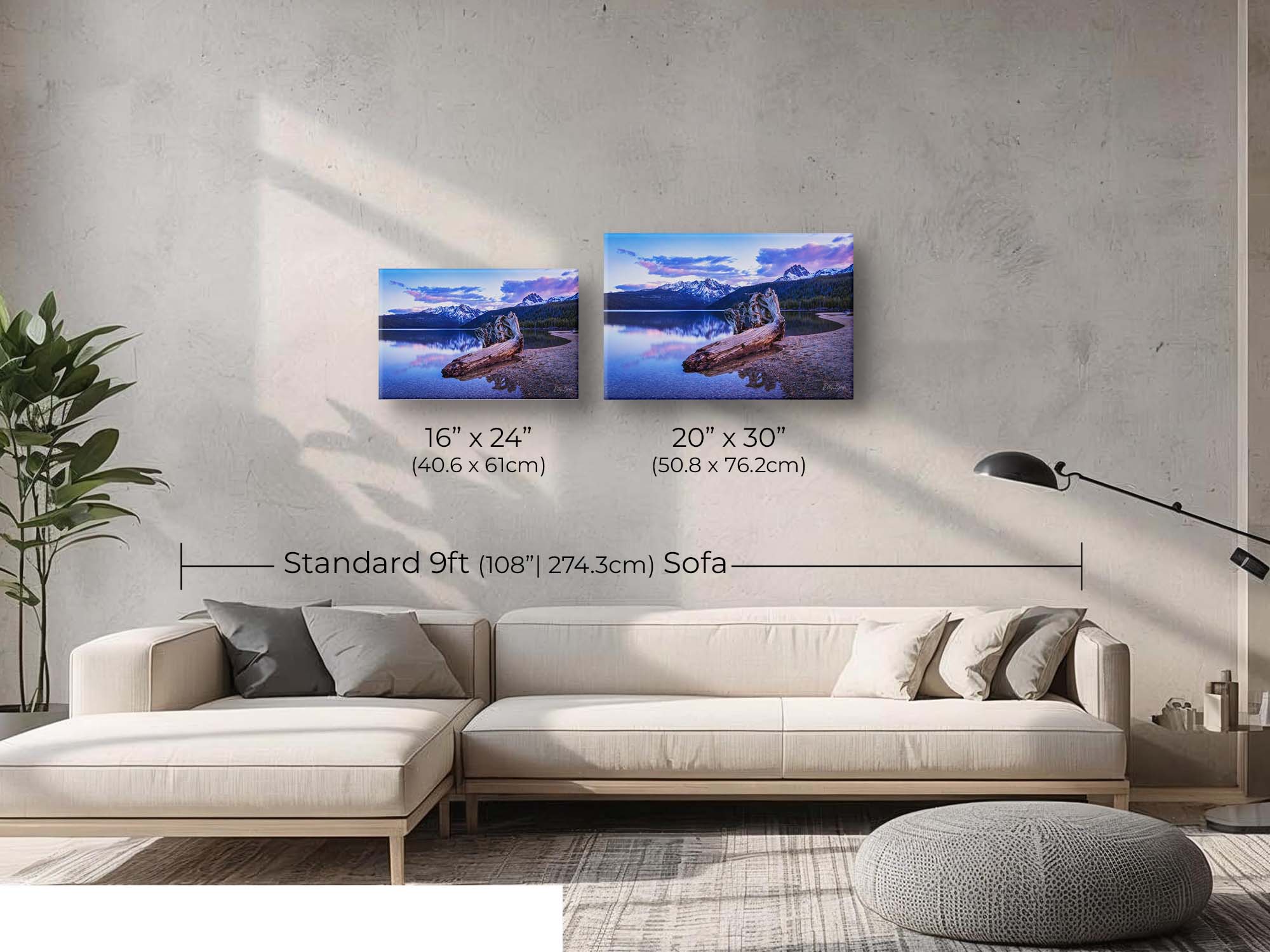 Sawtooth mountains at Redfish Lake in Idaho at sunset fine art print wall art size mockup showing 16x24 and 20x30 inch prints above a nine foot sofa 